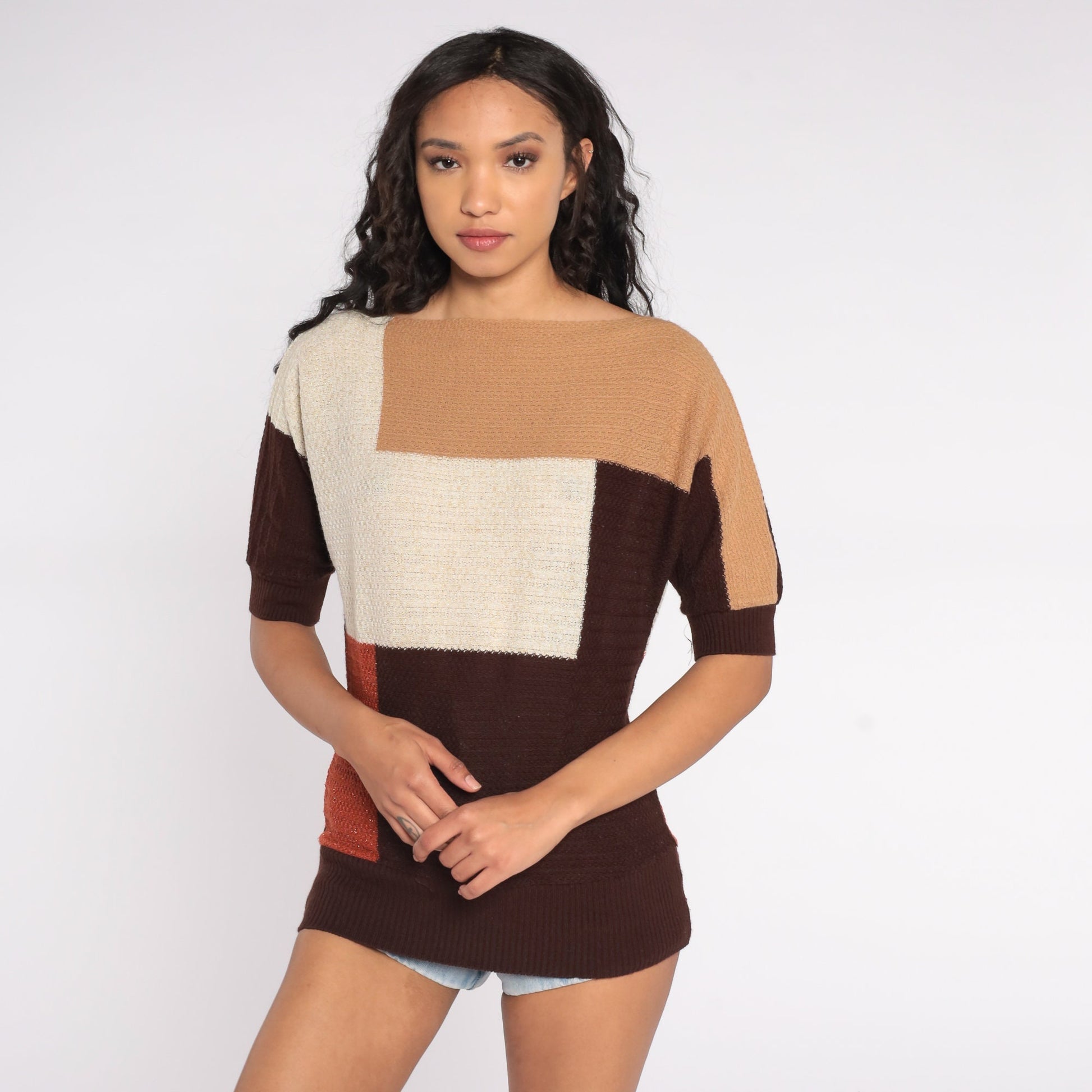 80s Color Block Knit Top Short Sleeve Striped Sweater Cream Rust Brown Small S