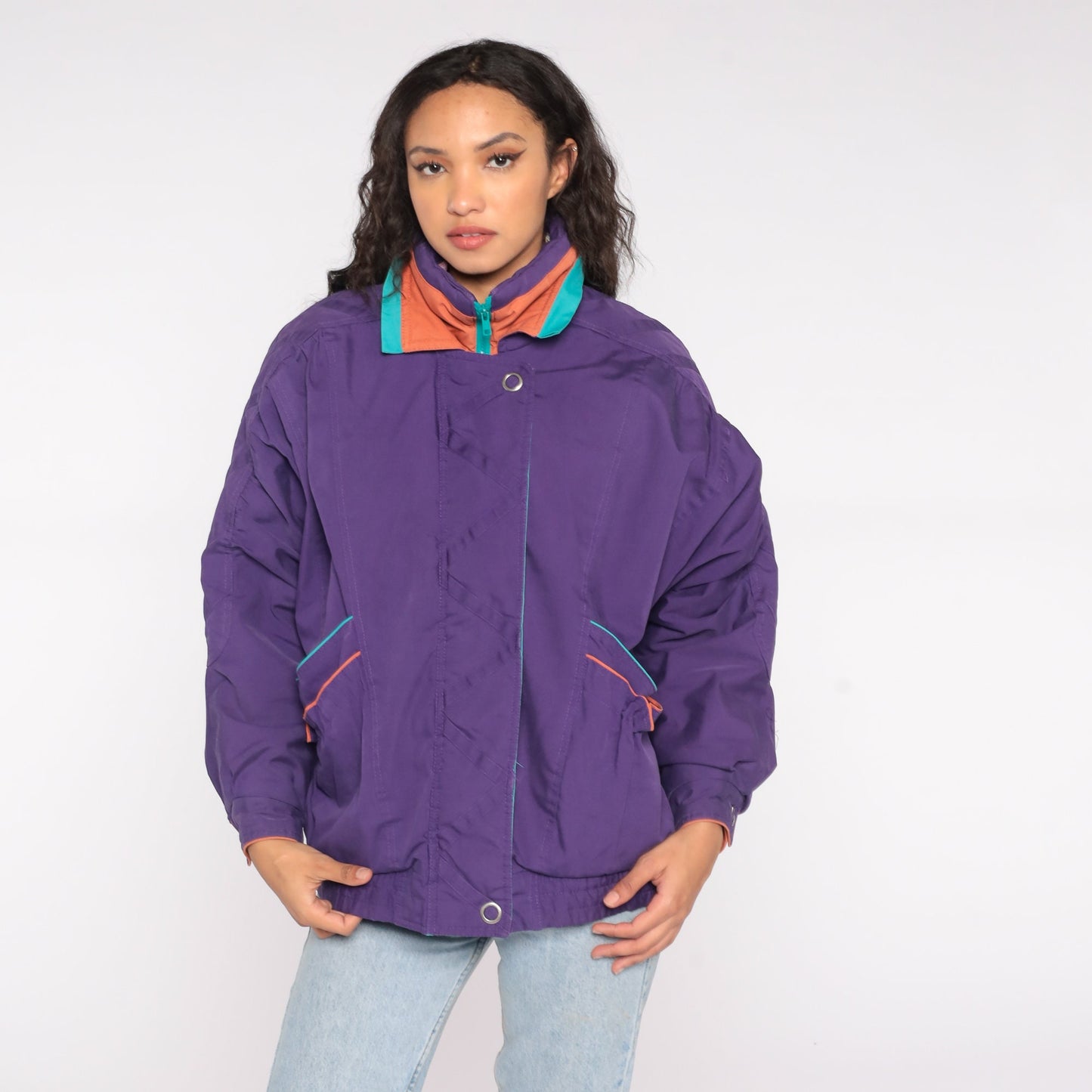 90s Purple Windbreaker Jacket Turquoise Orange Piping Zip Up Medium