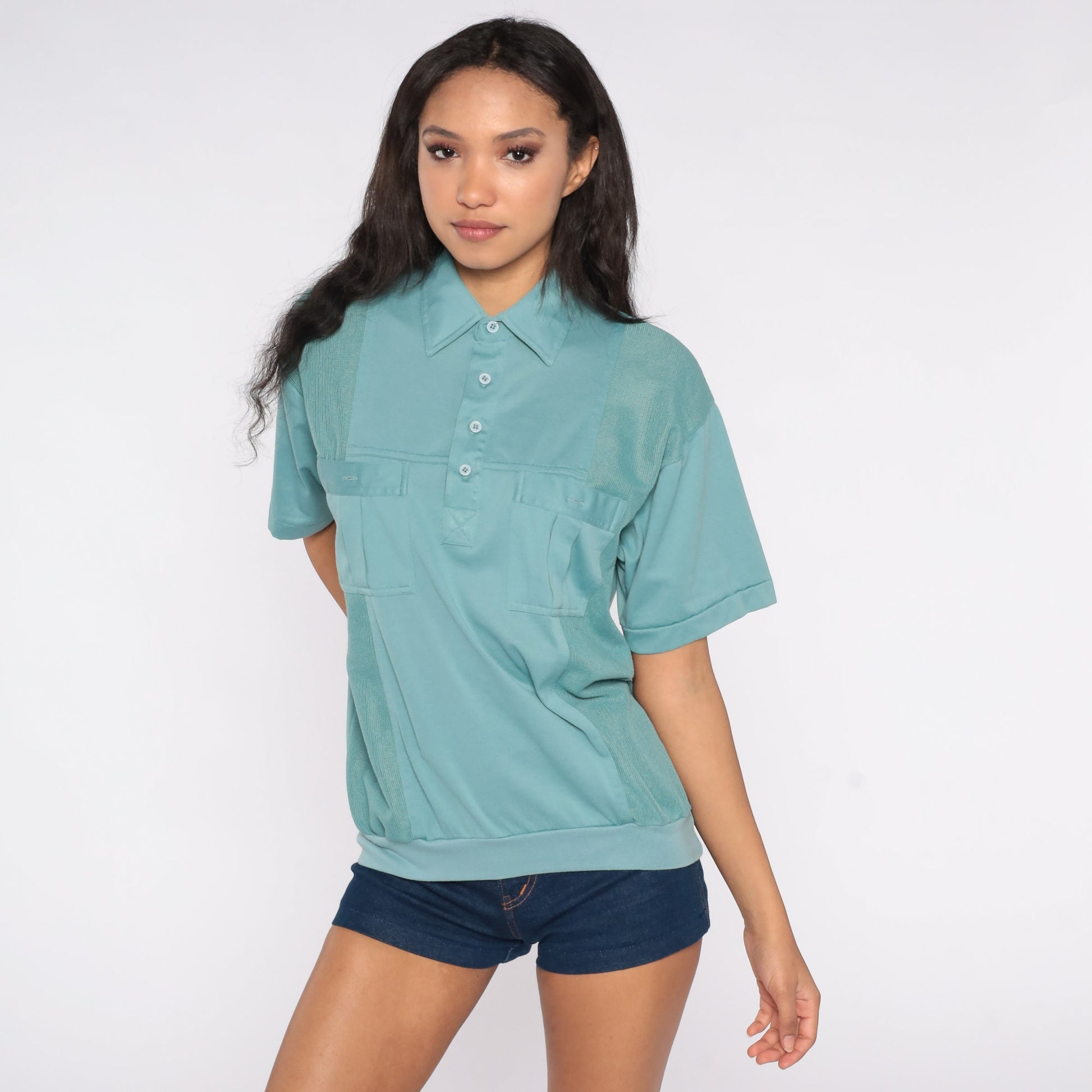 80s Muted Seafoam Polo Shirt Button-Up Short Sleeve Cotton Blend Large