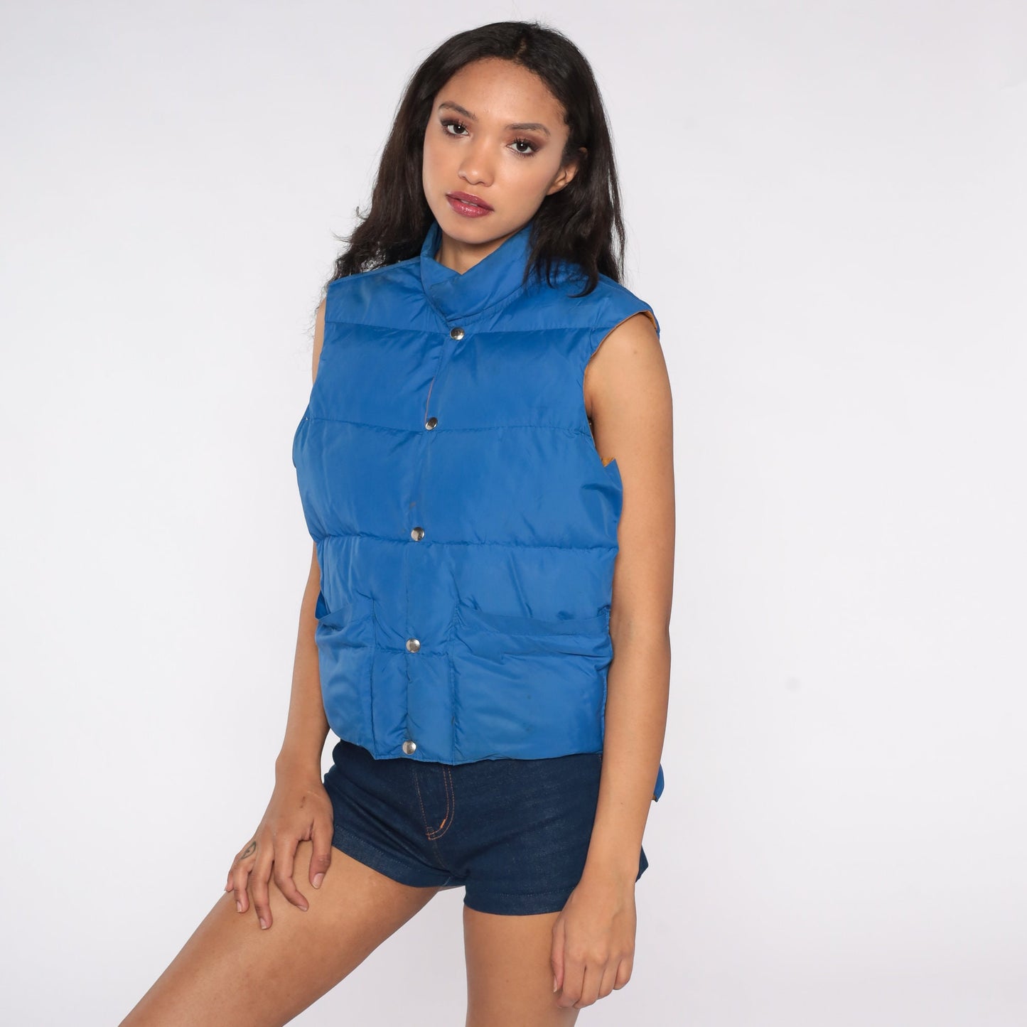 70s Reversible Goose Down Puffer Vest Mustard Brown Blue Sleeveless Medium Large