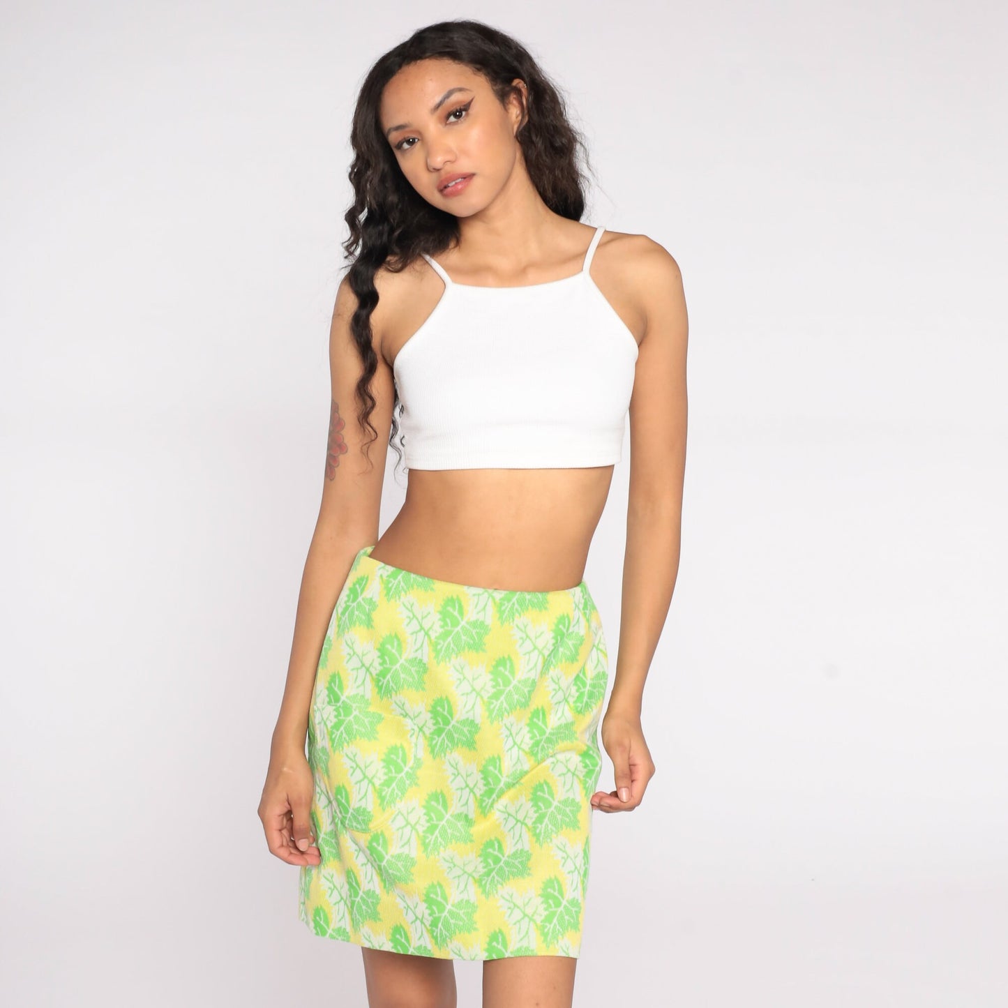 70s Yellow Leaf Print Mini Skirt High Waist Pocket Small