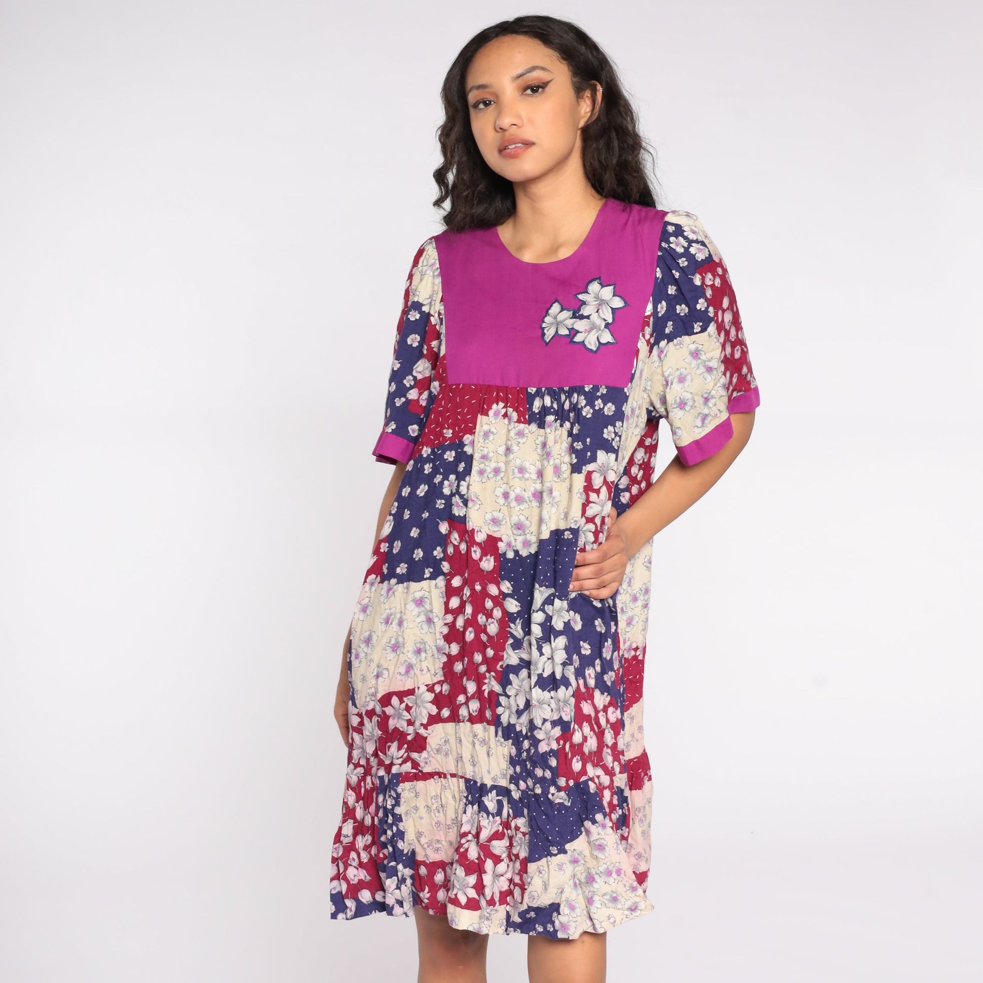 80s Liberty House Floral Patchwork Midi Dress Purple Blue Red Extra Large