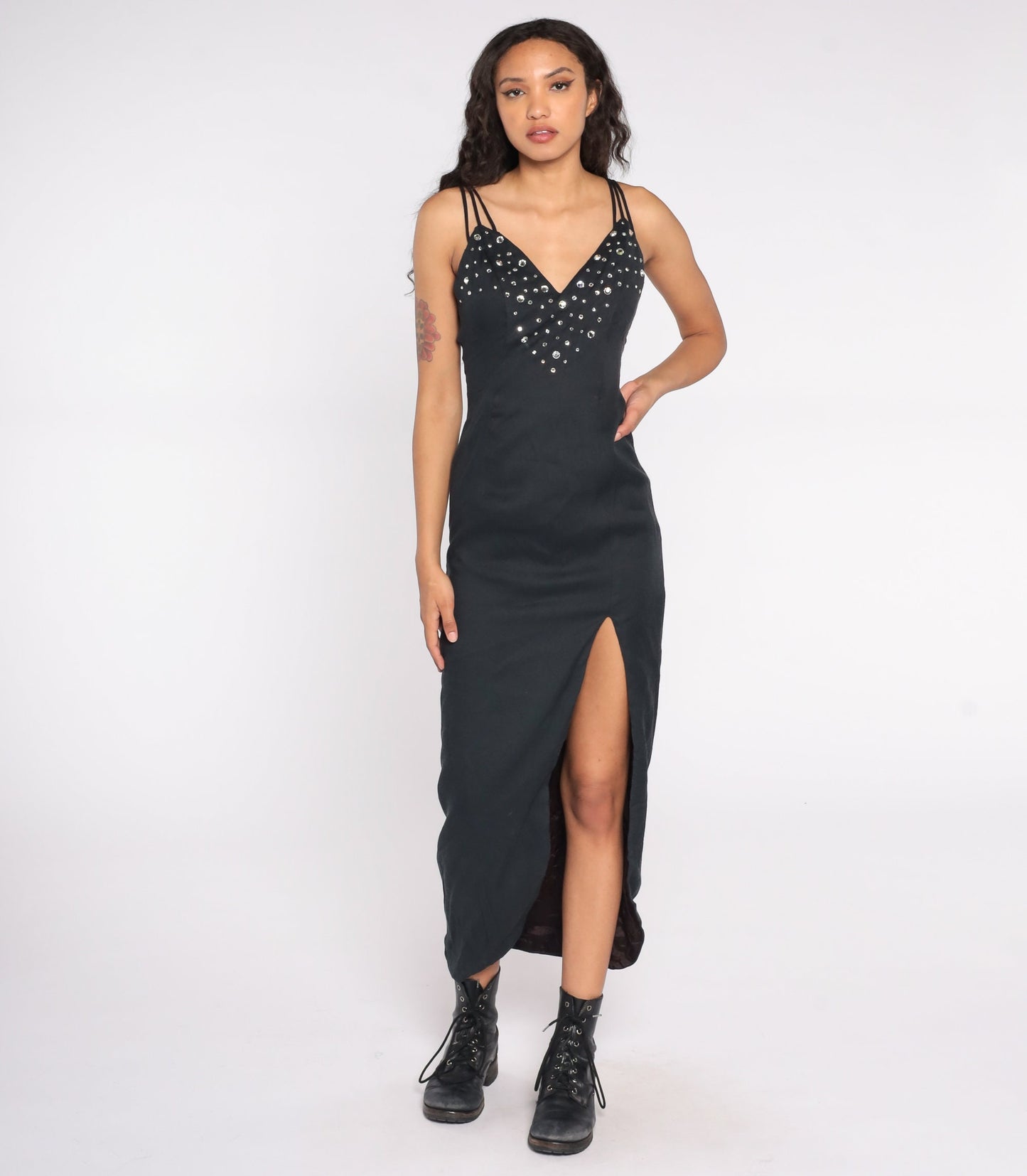 80s Black Maxi Dress Rhinestone Chest Spaghetti Strap Low Back High Slit Extra Small