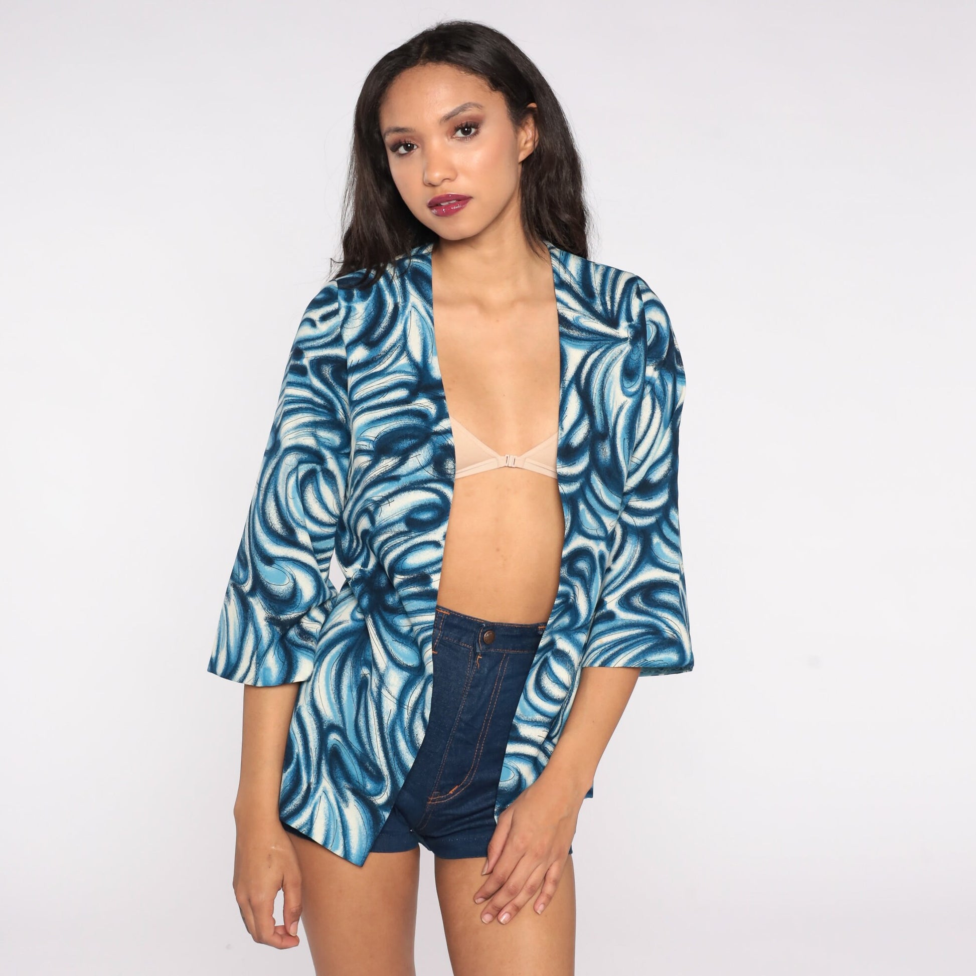 70s Blue Swirl Print Open Front Jacket Small