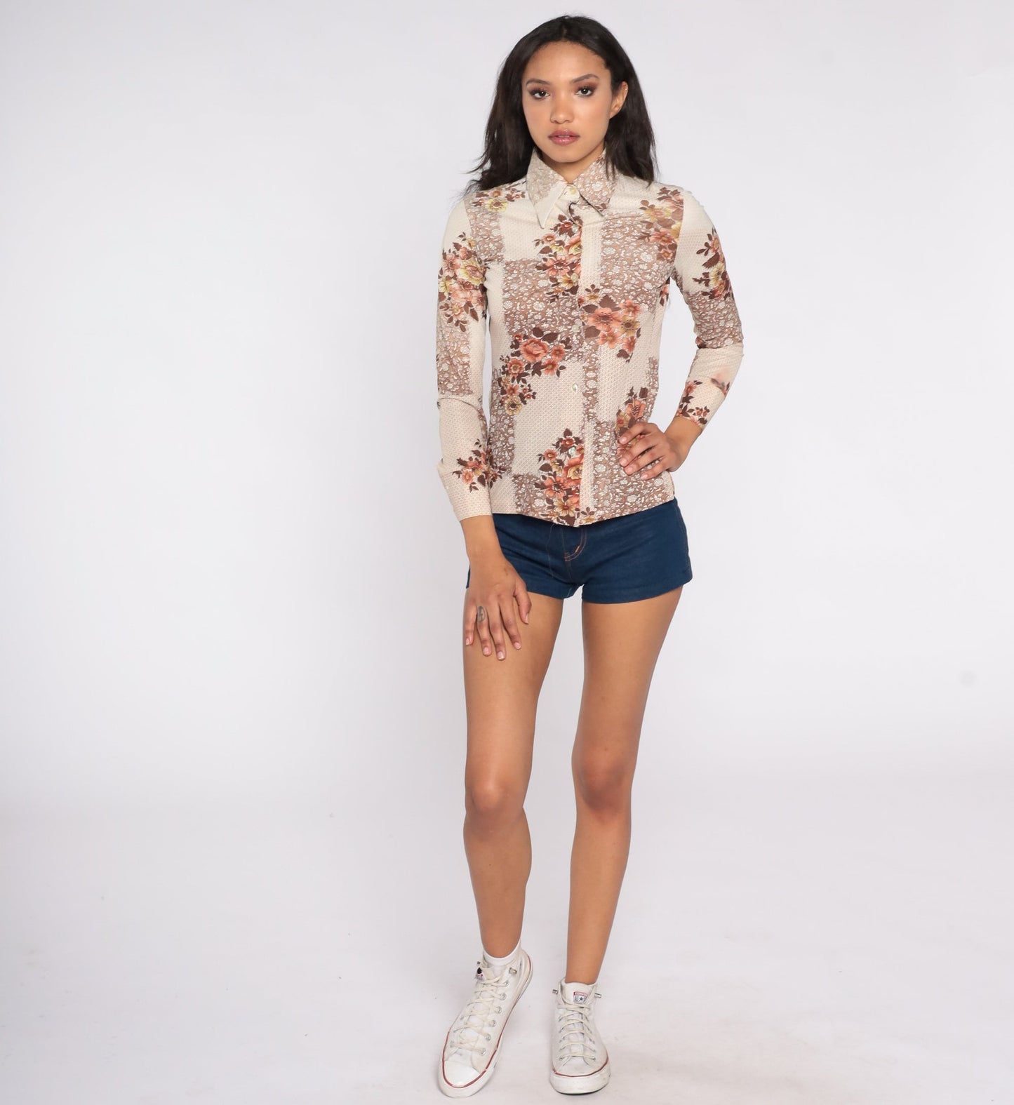 70s Brown Floral Button-Up Shirt Pointed Collar Long Sleeve Extra Small