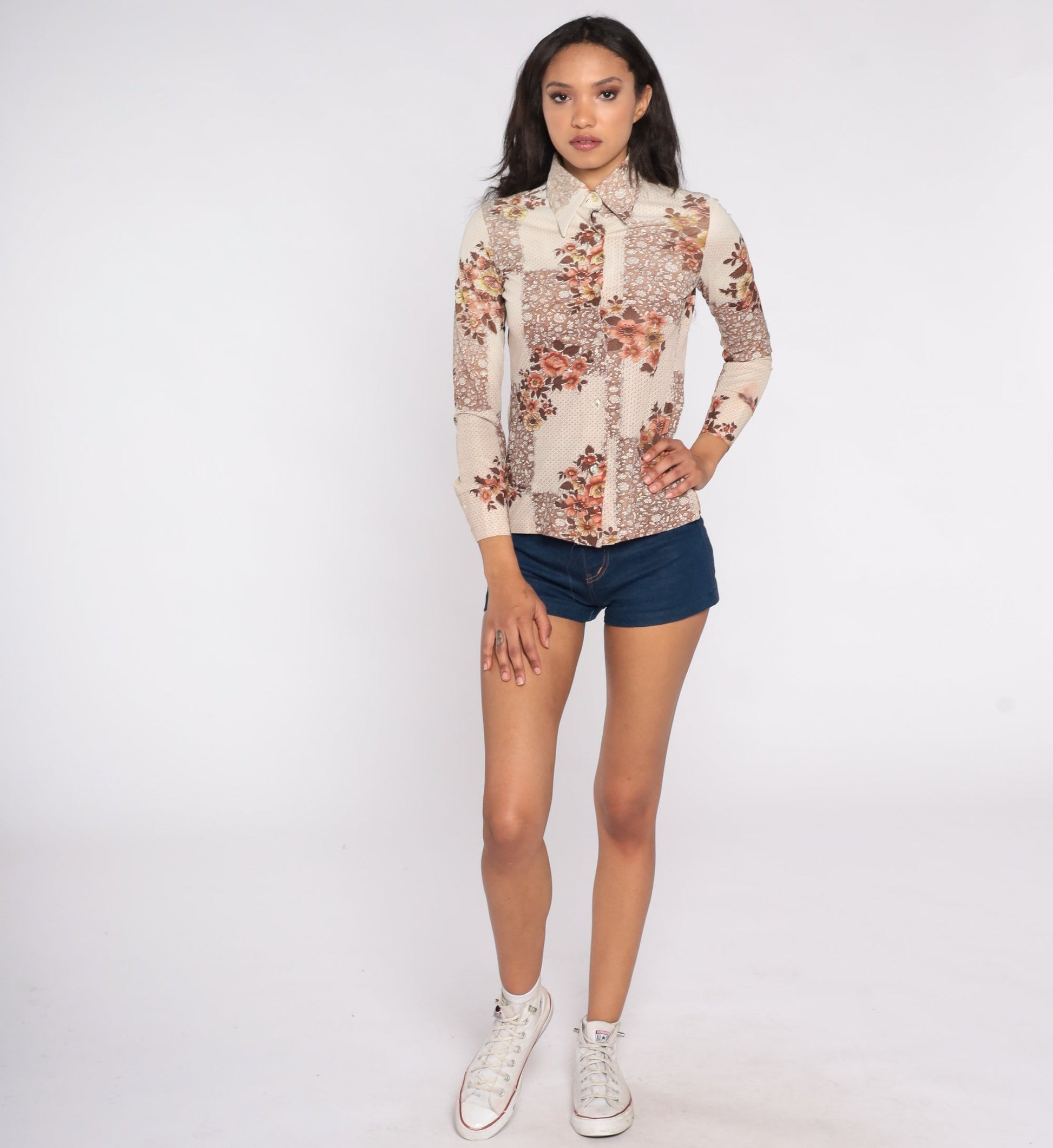 70s Brown Floral Button-Up Shirt Pointed Collar Long Sleeve Extra Small