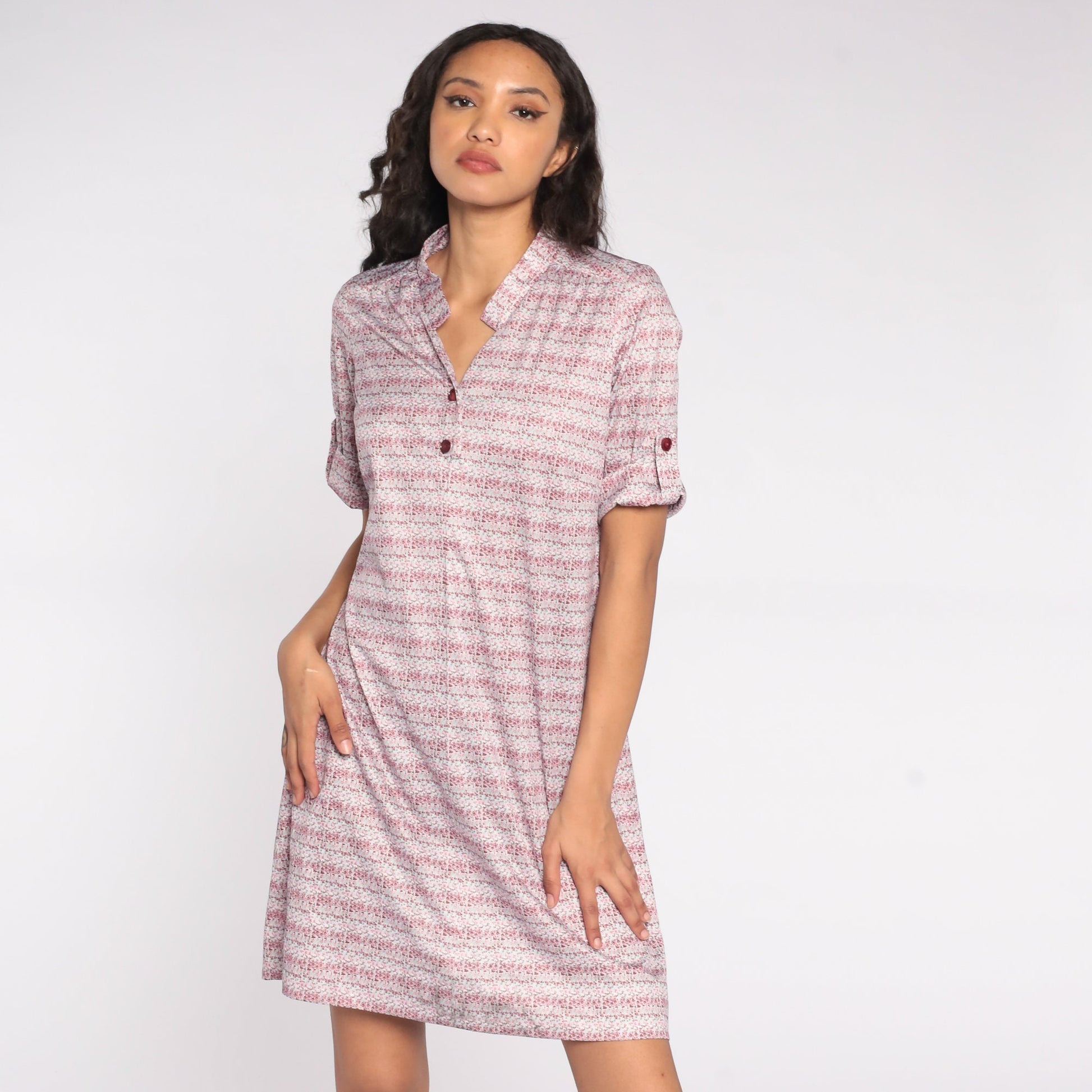 90s Striped Shirt Dress Pink Floral Button-Up Collar Mini Large L