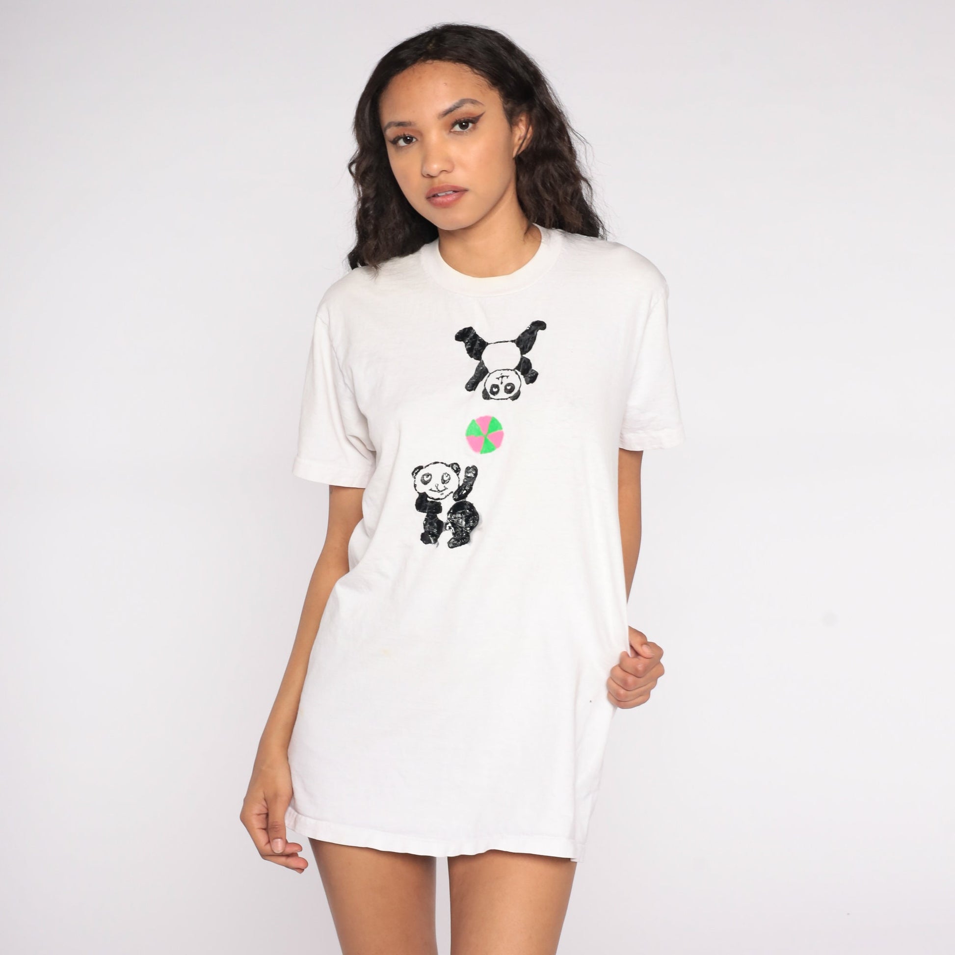 90s Panda Bear Graphic T-Shirt White Animal Print Tee Medium Large