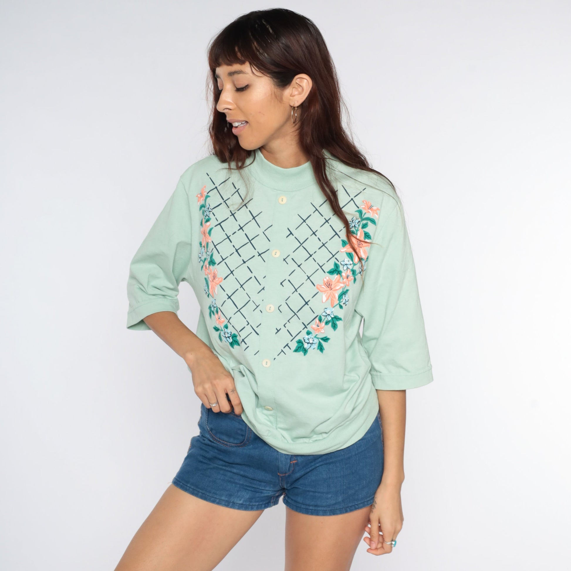 80s Floral Mint Green Shirt 3/4 Sleeve Loose Fit Blouse Large L