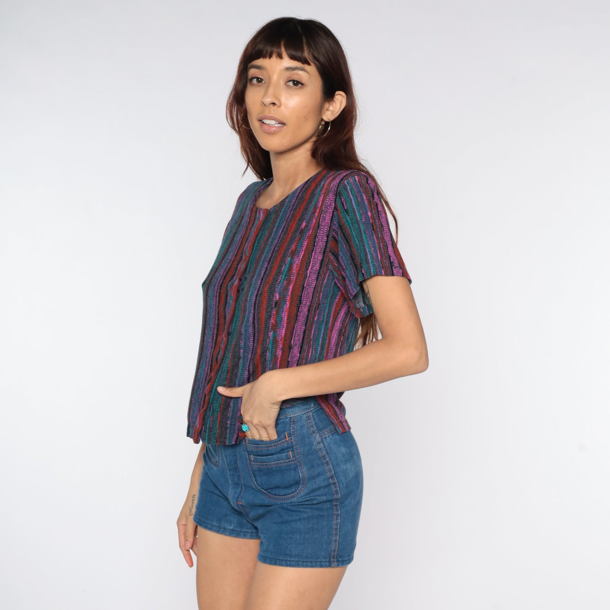 90s Striped Button-Up Shirt Purple Teal Green Pink Short Sleeve Small