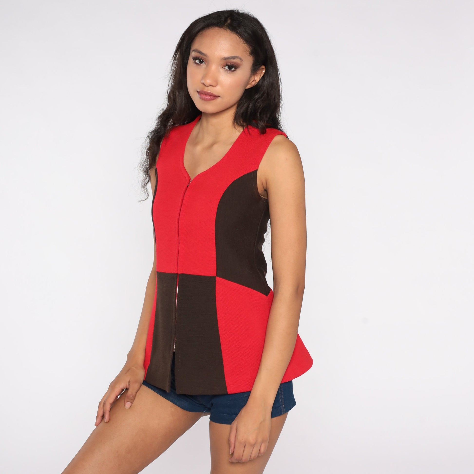 60s Mod Color Block Tank Top Zip Front Red Black Sleeveless Small