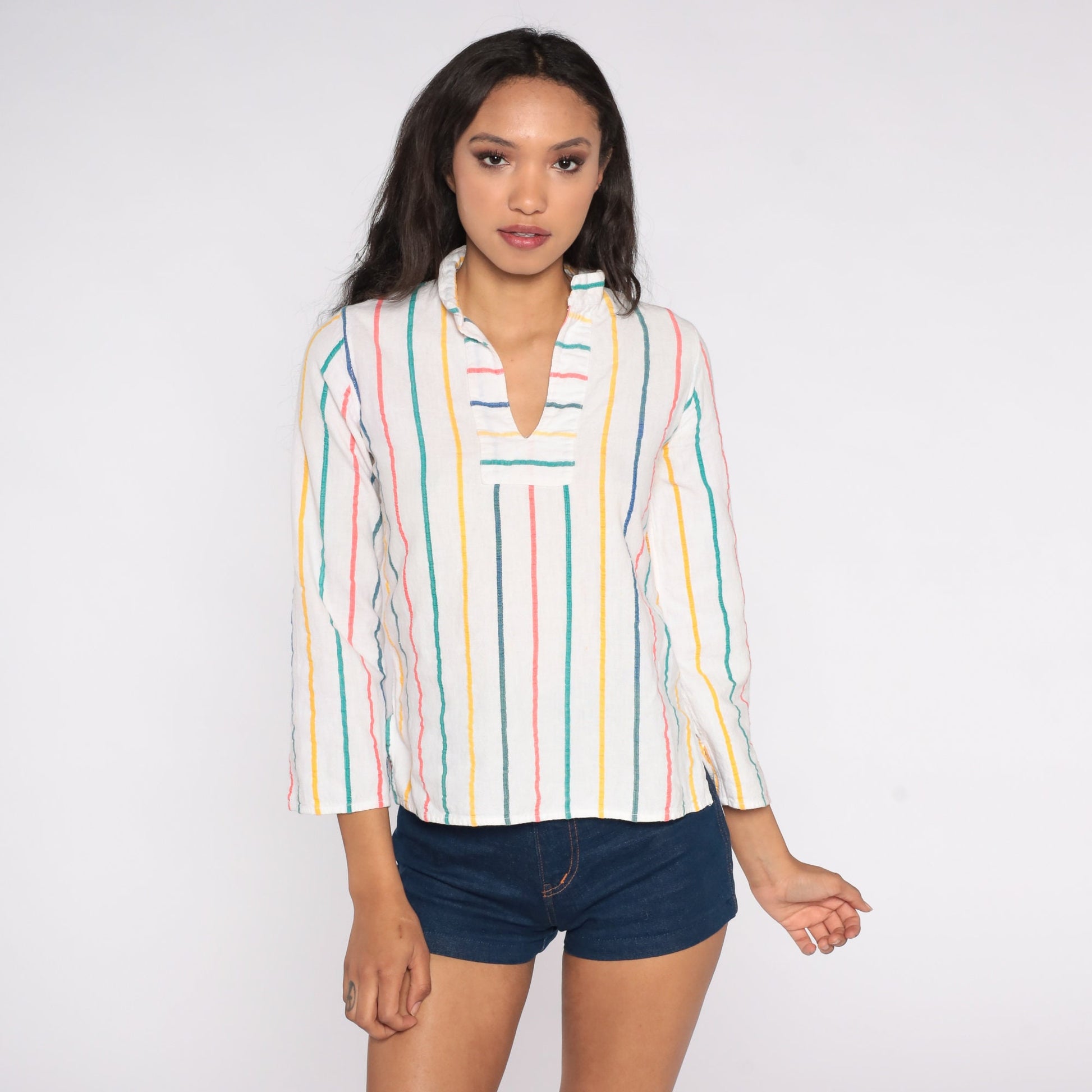 70s Cotton Striped Tunic Top White V-Neck Long Sleeve Extra Small