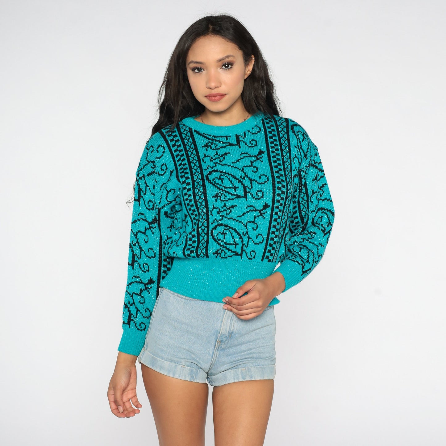 80s Sparkly Teal Geometric Knit Sweater Metallic Swirl Crewneck Small