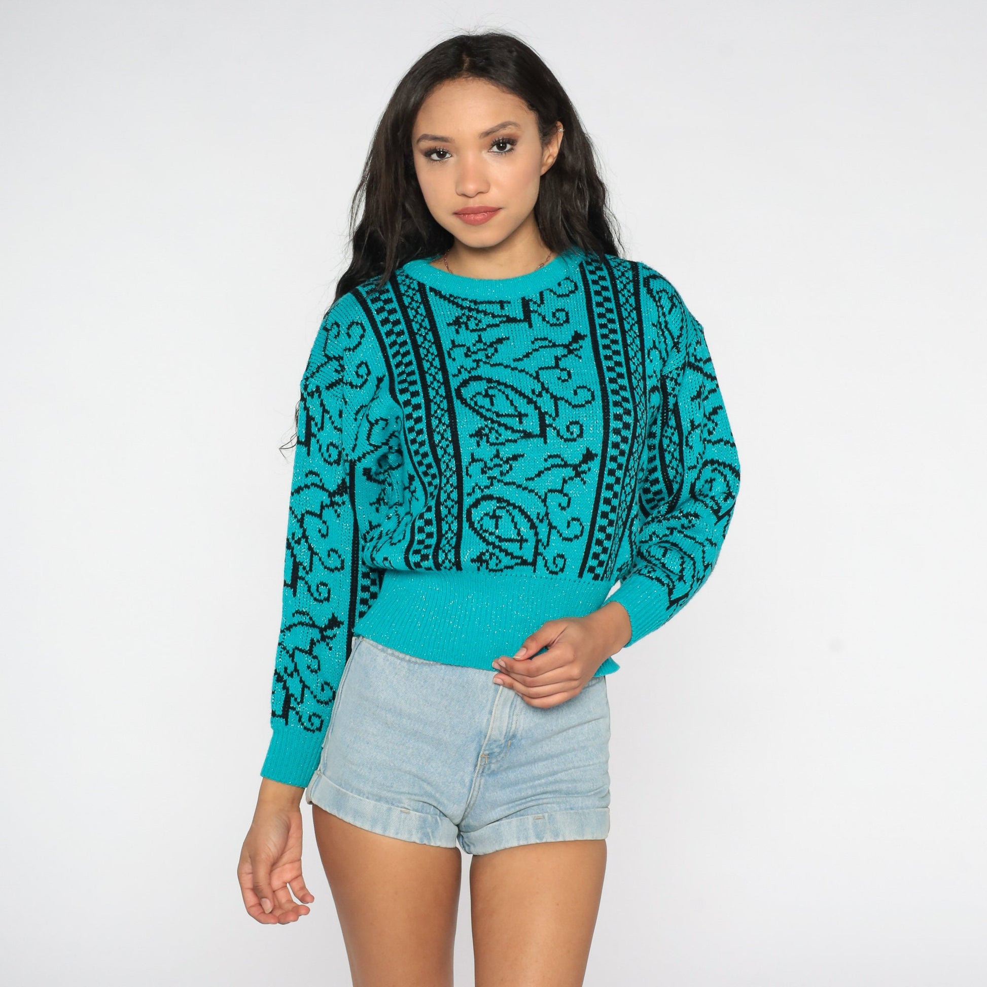 80s Sparkly Teal Geometric Knit Sweater Metallic Swirl Crewneck Small