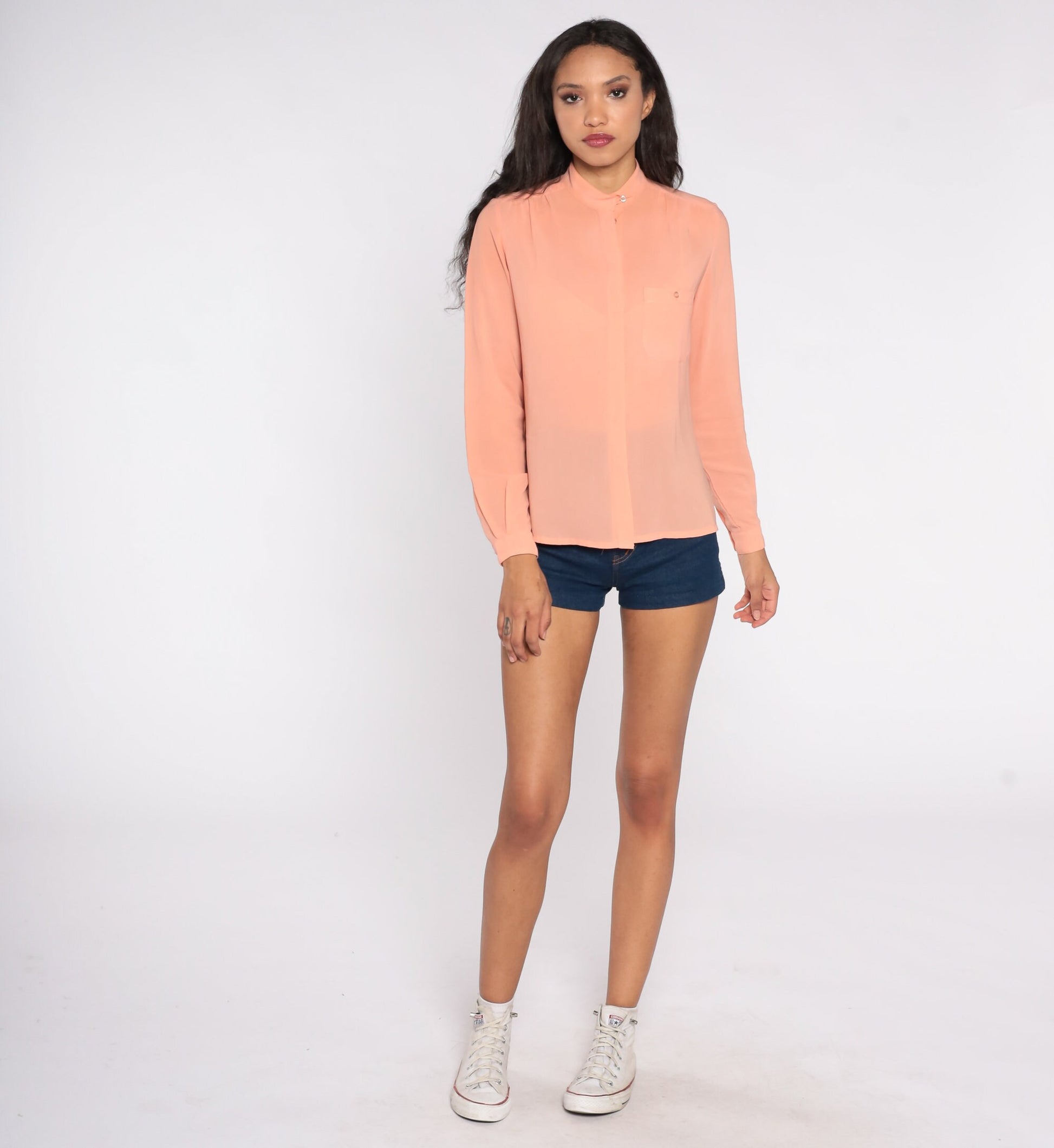 80s Peach Chiffon Blouse Long Sleeve Button Up Sheer Collar Small