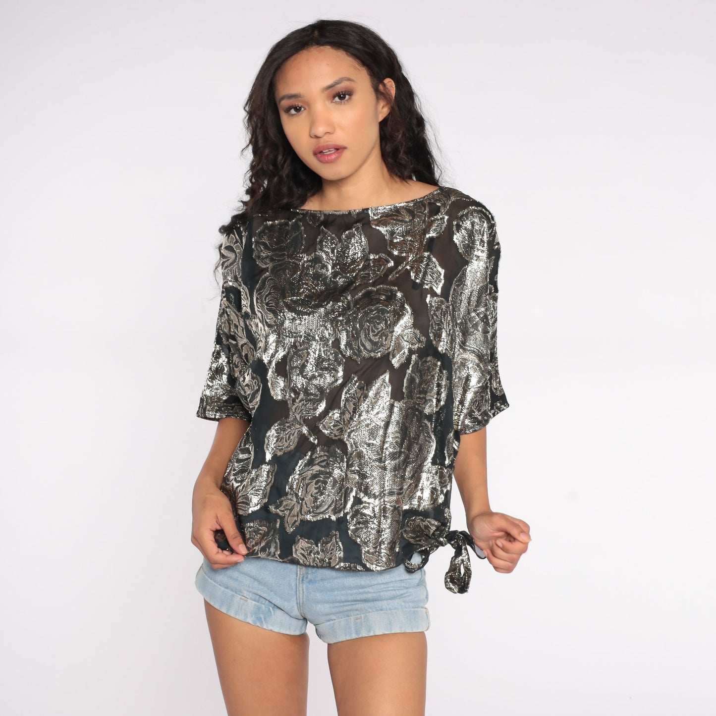 80s Metallic Silver Rose Floral Sheer Blouse Dolman Sleeve Small