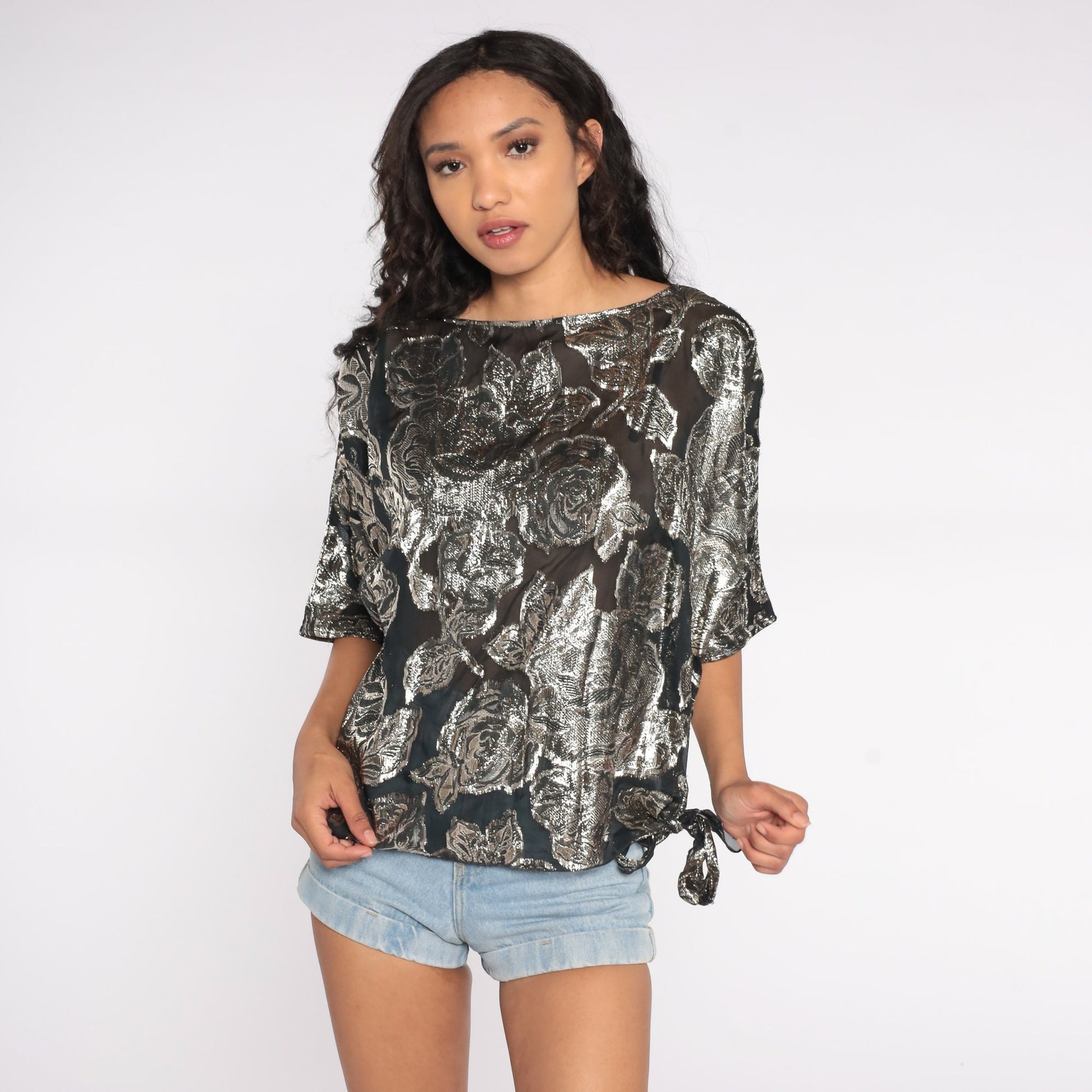 80s Metallic Silver Rose Floral Sheer Blouse Dolman Sleeve Small