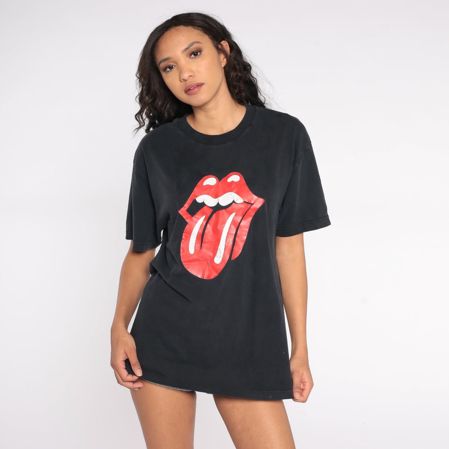 90s Lips Tongue Graphic Band T-Shirt Black Cotton Tee Medium M