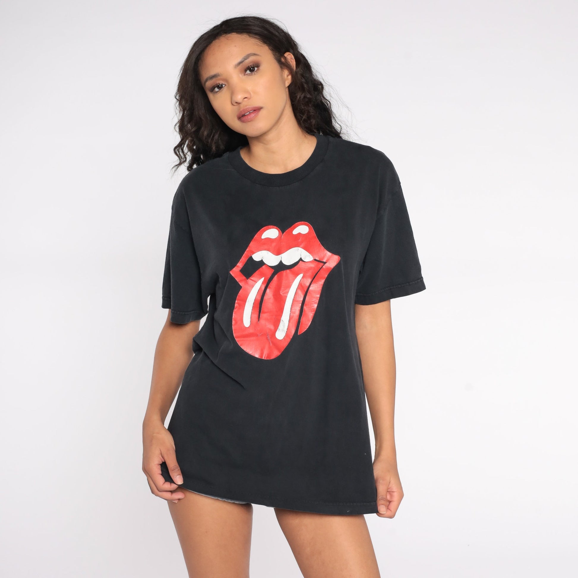 90s Lips Tongue Graphic Band T-Shirt Black Cotton Tee Medium M