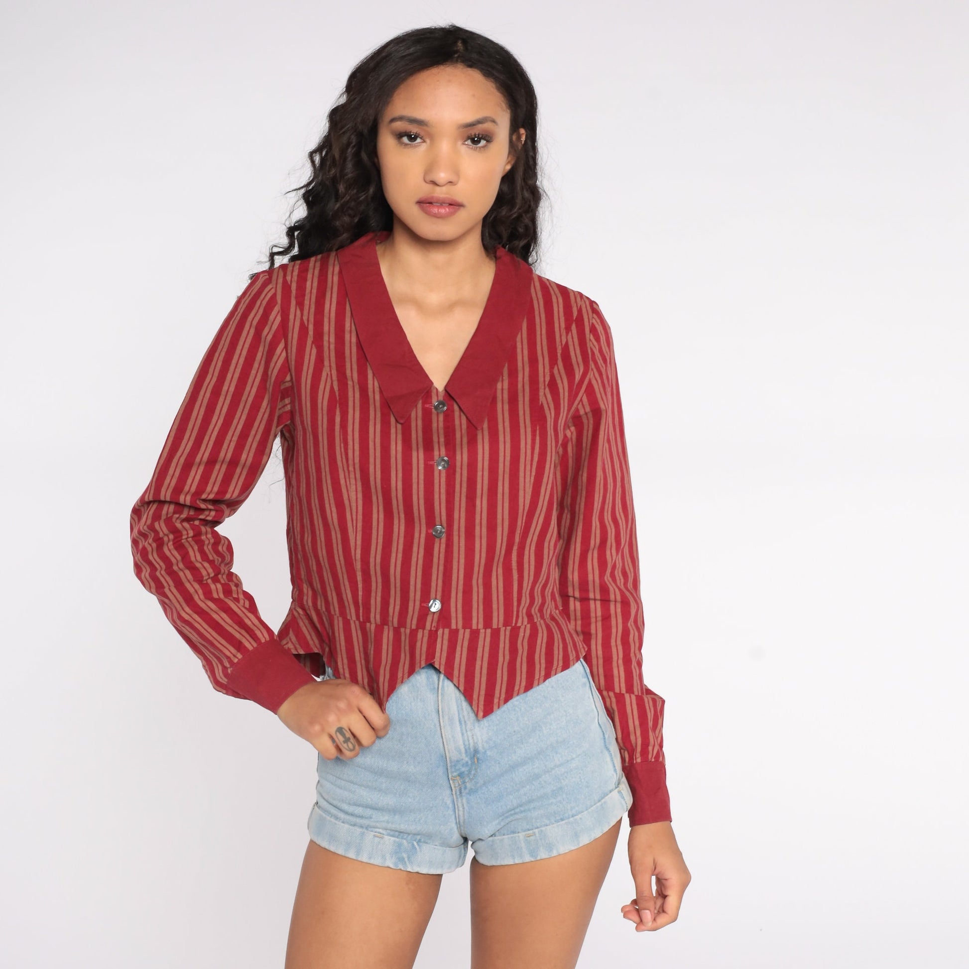 80s Laura Ashley Cotton Striped Button-Up Blouse Chelsea Collar Red Medium