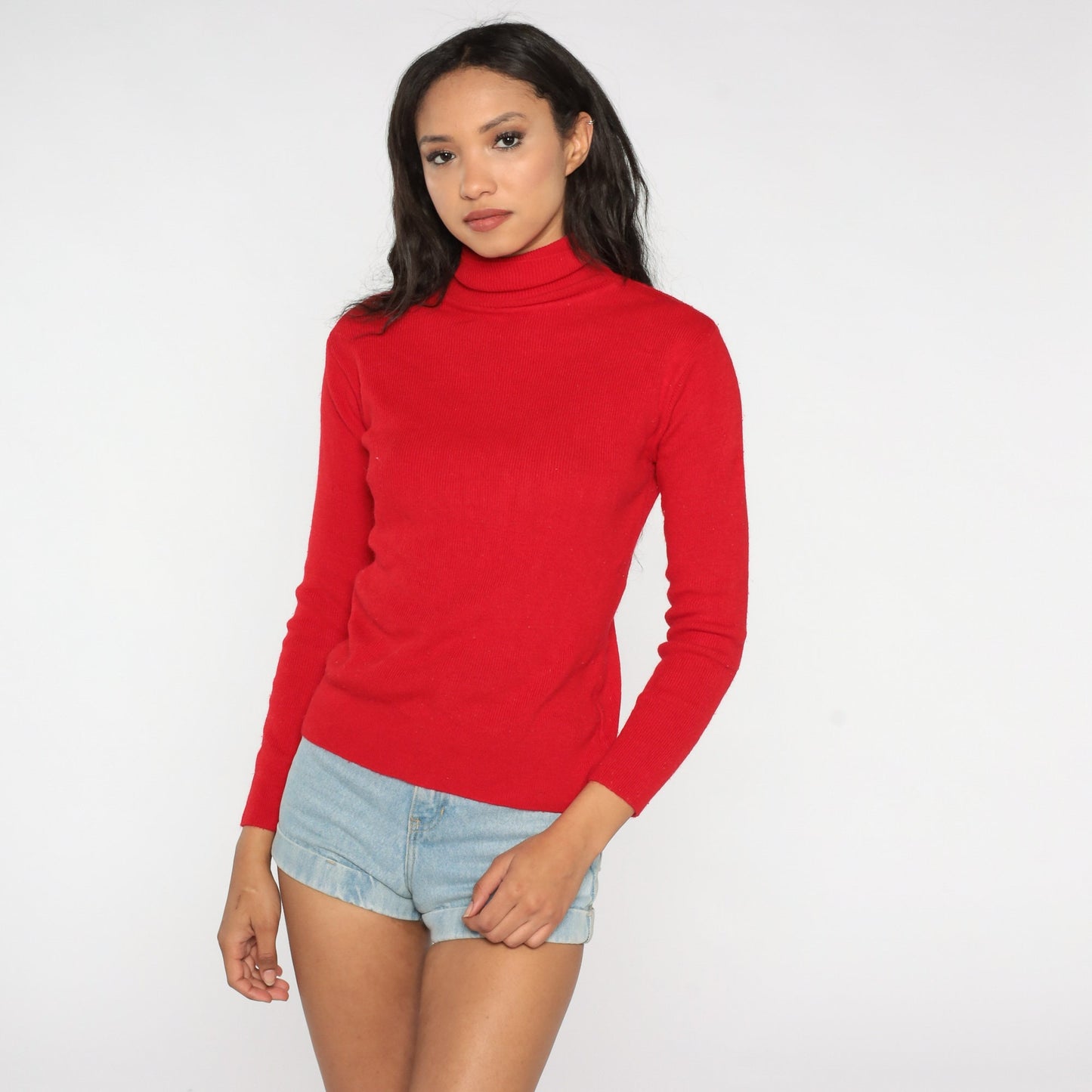 80s Red Knit Turtleneck Long Sleeve Sweater Top Ribbed Medium Large
