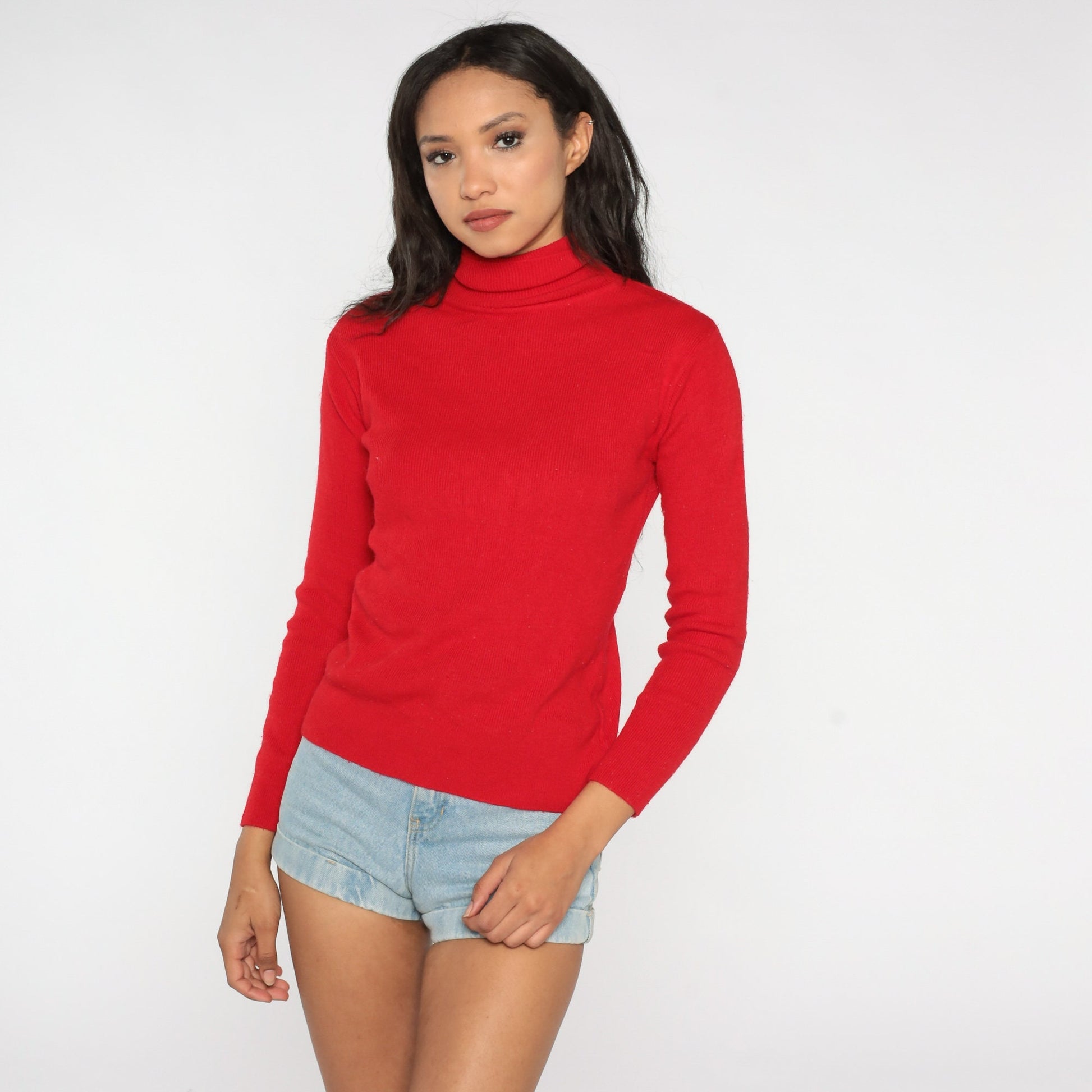 80s Red Knit Turtleneck Long Sleeve Sweater Top Ribbed Medium Large