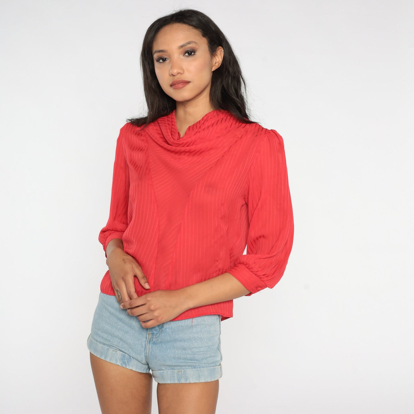 80s Red Cowl Neck Blouse Puff Sleeve Semi Sheer Party Top Medium