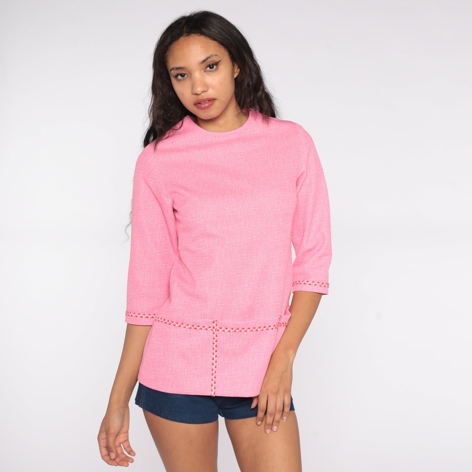 70s Pink Mod Blouse Pocket Shirt 3/4 Sleeve Polyester Knit Small S