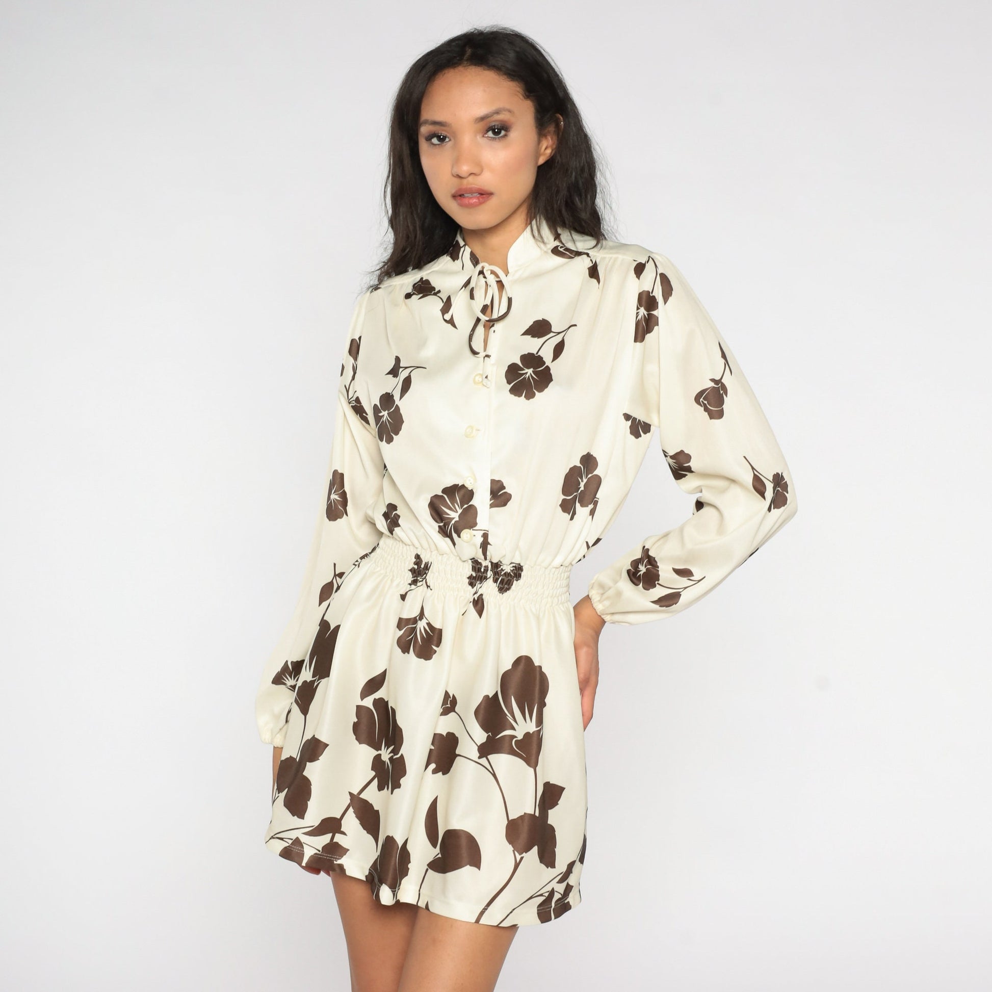 70s Floral Blouson Mini Dress Cream Brown Long Sleeve Smocked Waist Small