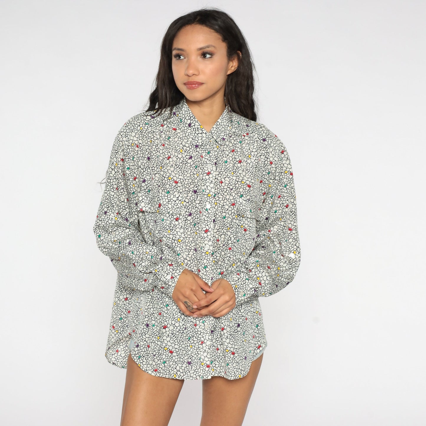 80s Abstract Pebble Print Button-Up Blouse Black White Dots Long Sleeve Extra Large