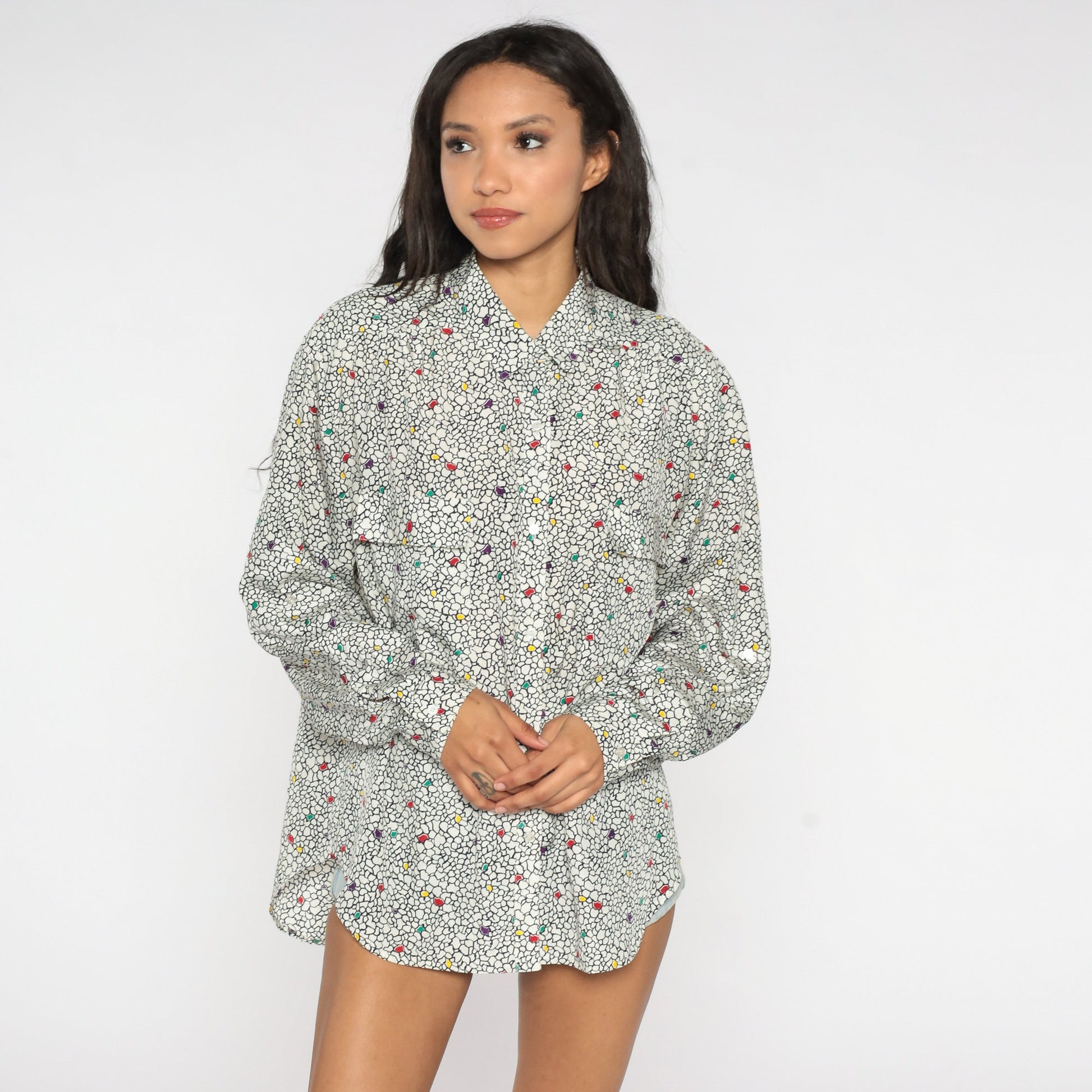 80s Abstract Pebble Print Button-Up Blouse Black White Dots Long Sleeve Extra Large