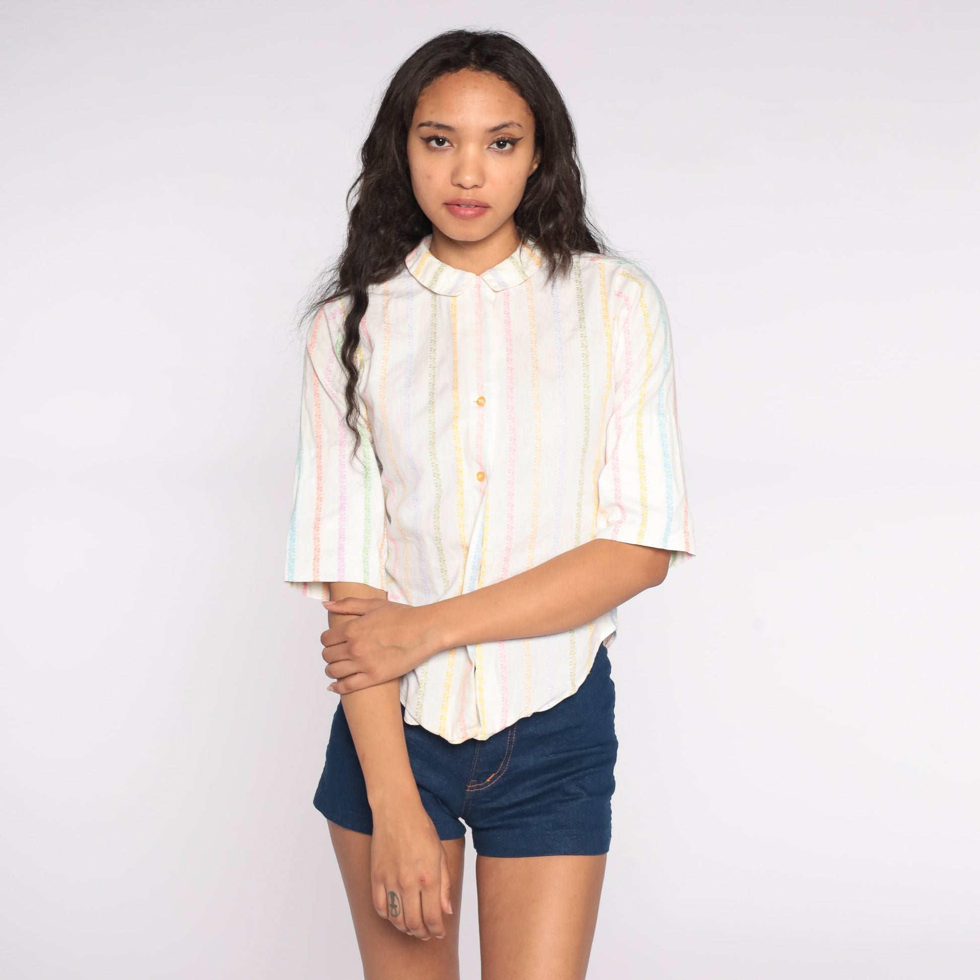 60s Rainbow Striped Button-Up Blouse Cotton Shirt White Collar Extra Small