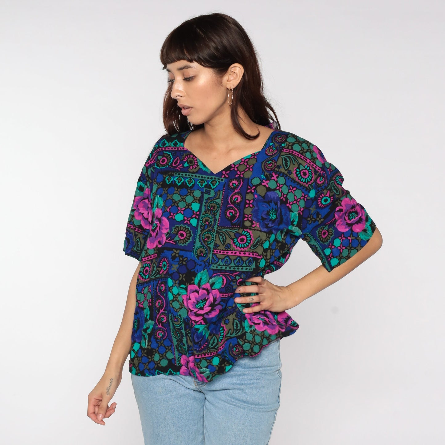 90s Geometric Floral Print Blouse Short Sleeve V-Neck Multicolor Large
