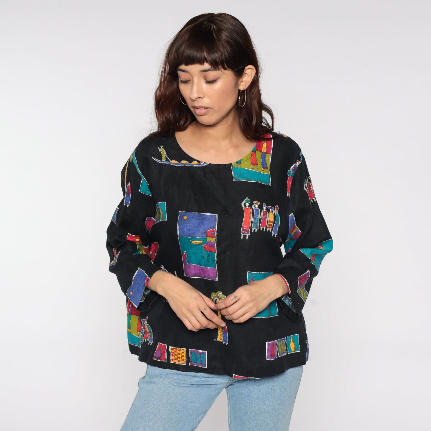 90s Village Print Black Blouse Long Sleeve Button Up Novelty Seaside Large L