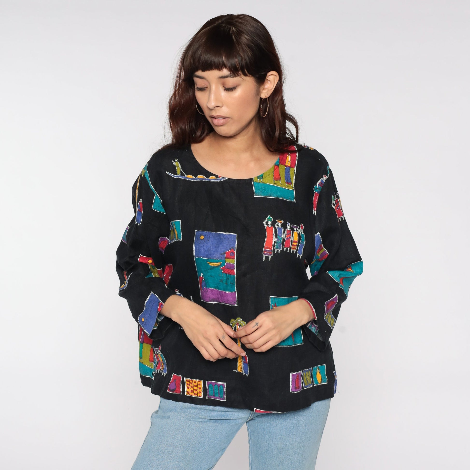 90s Village Print Black Blouse Long Sleeve Button Up Novelty Seaside Large L