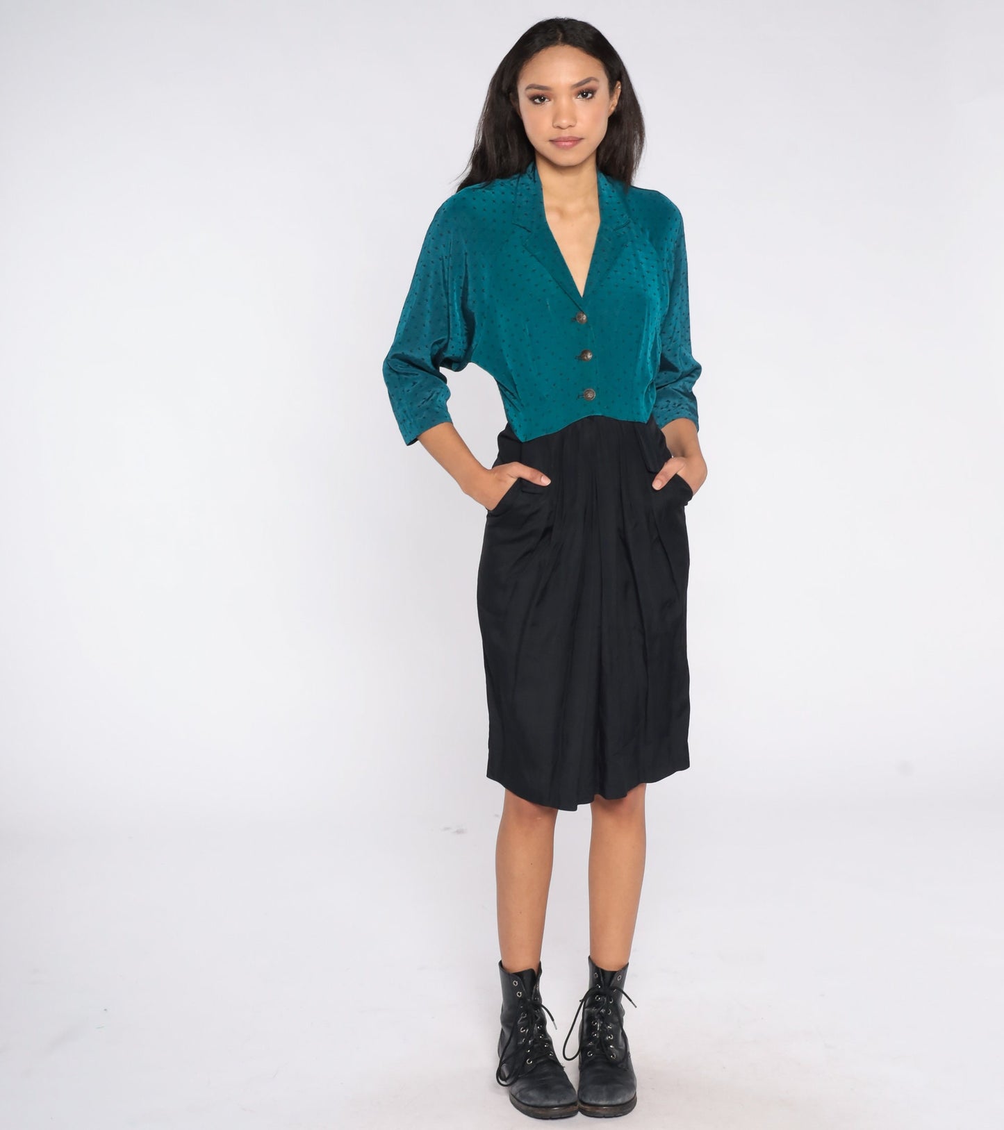 80s Teal Black Color Block Mini Dress Button Up Sheath Small S