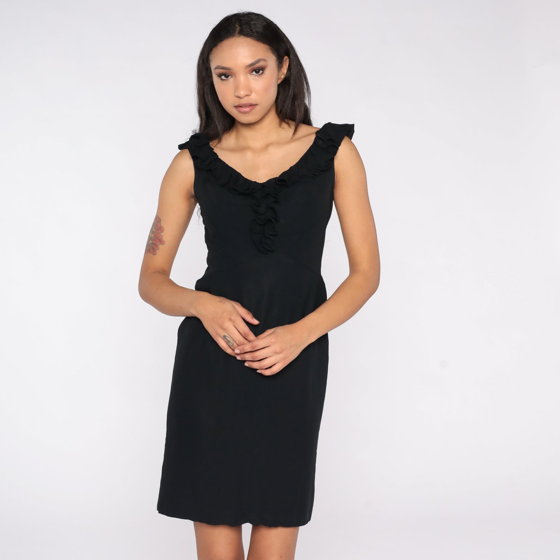 1960s Black Sheath Dress Ruffled Neckline High Waist Pencil Skirt Small