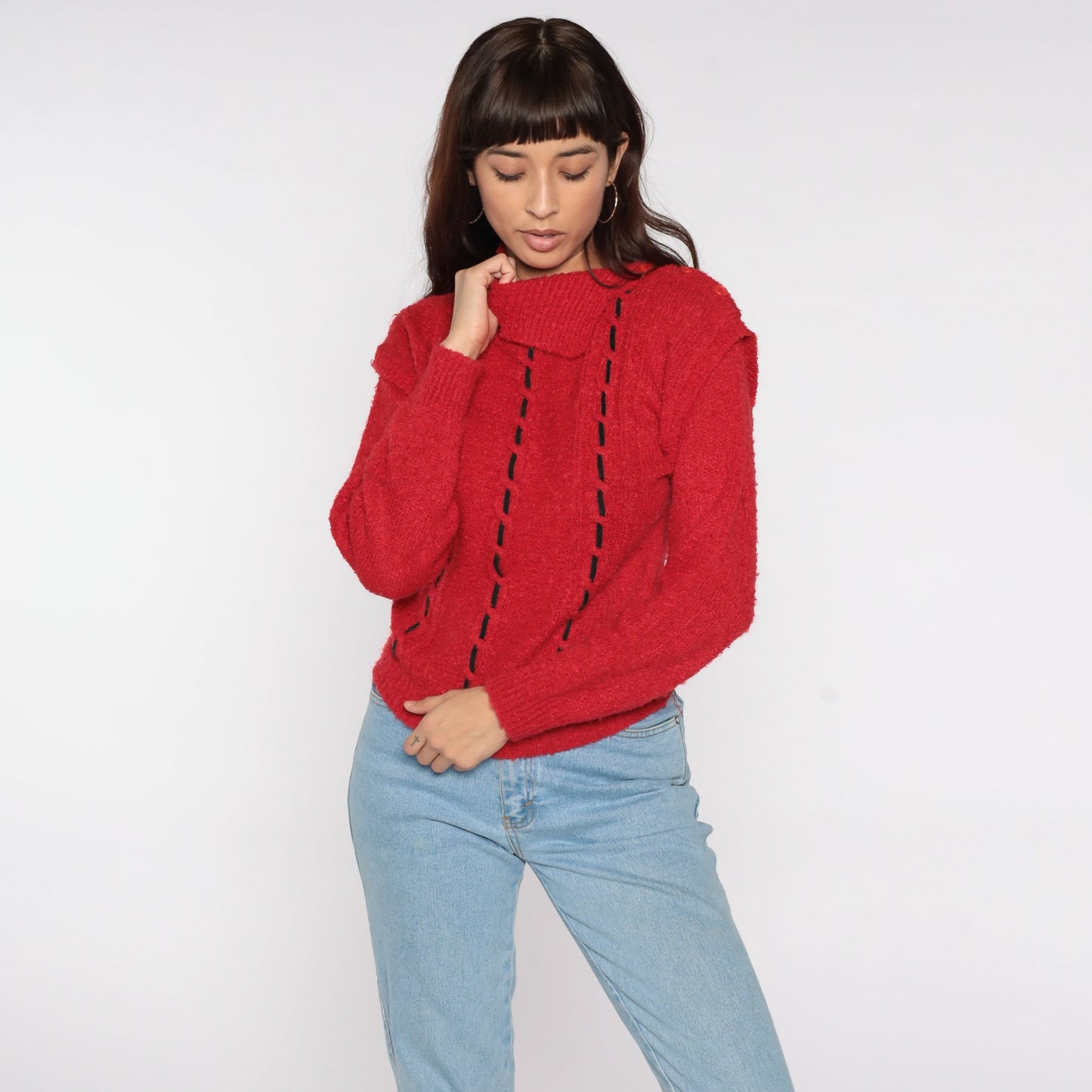 80s Red Knit Sweater Asymmetrical Collar Black Decorative Stitch Turtleneck Medium
