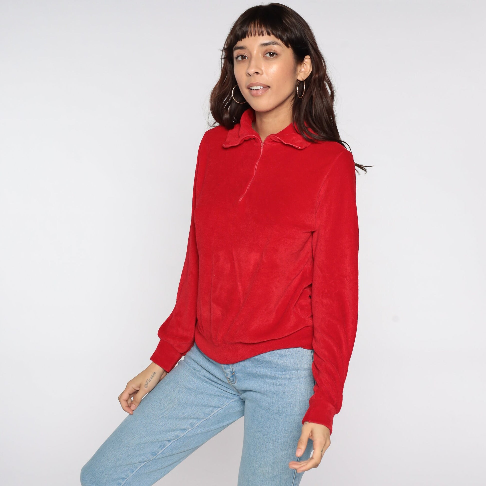 80s Wrangler Terry Cloth Quarter Zip Polo Red Long Sleeve Medium