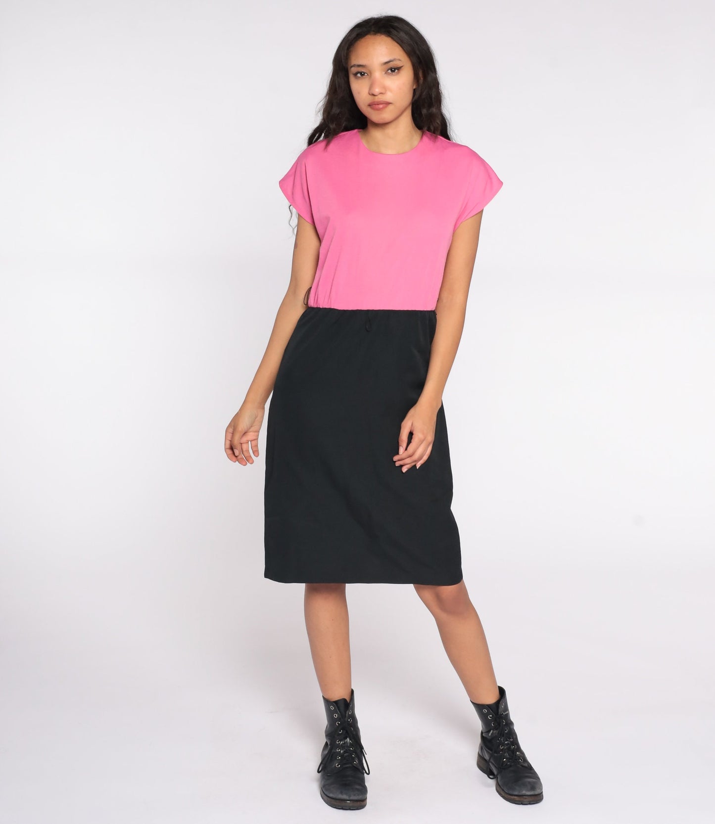 80s Black Pink Color Block Midi Sheath Dress Cap Sleeve Medium