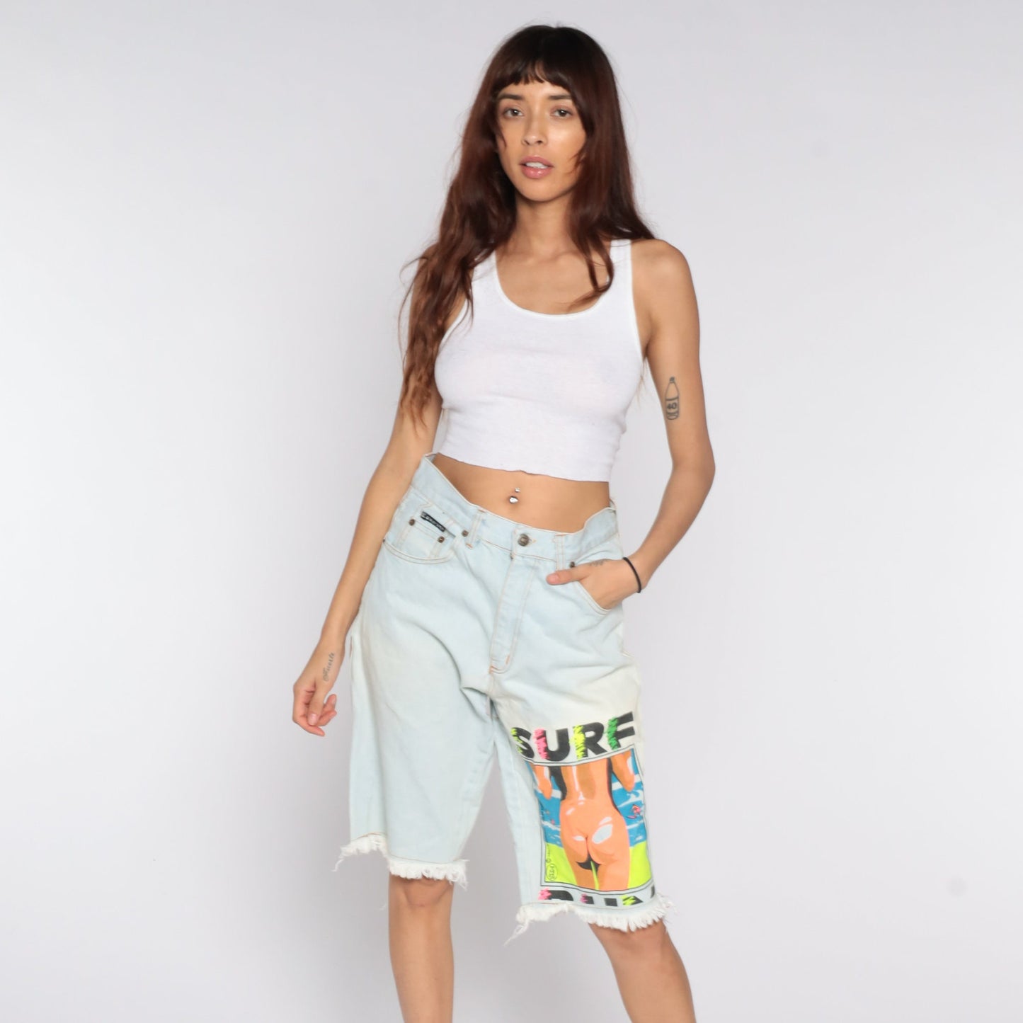 90s Neon Surfer Denim Shorts High Waisted Blue Jean Bermuda Medium