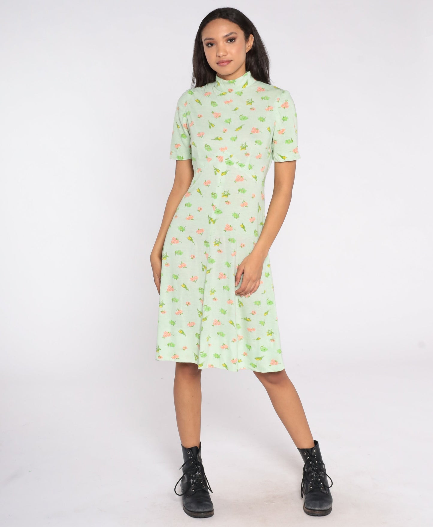 60s Green Floral Empire Waist Midi Dress Short Sleeve Small Medium