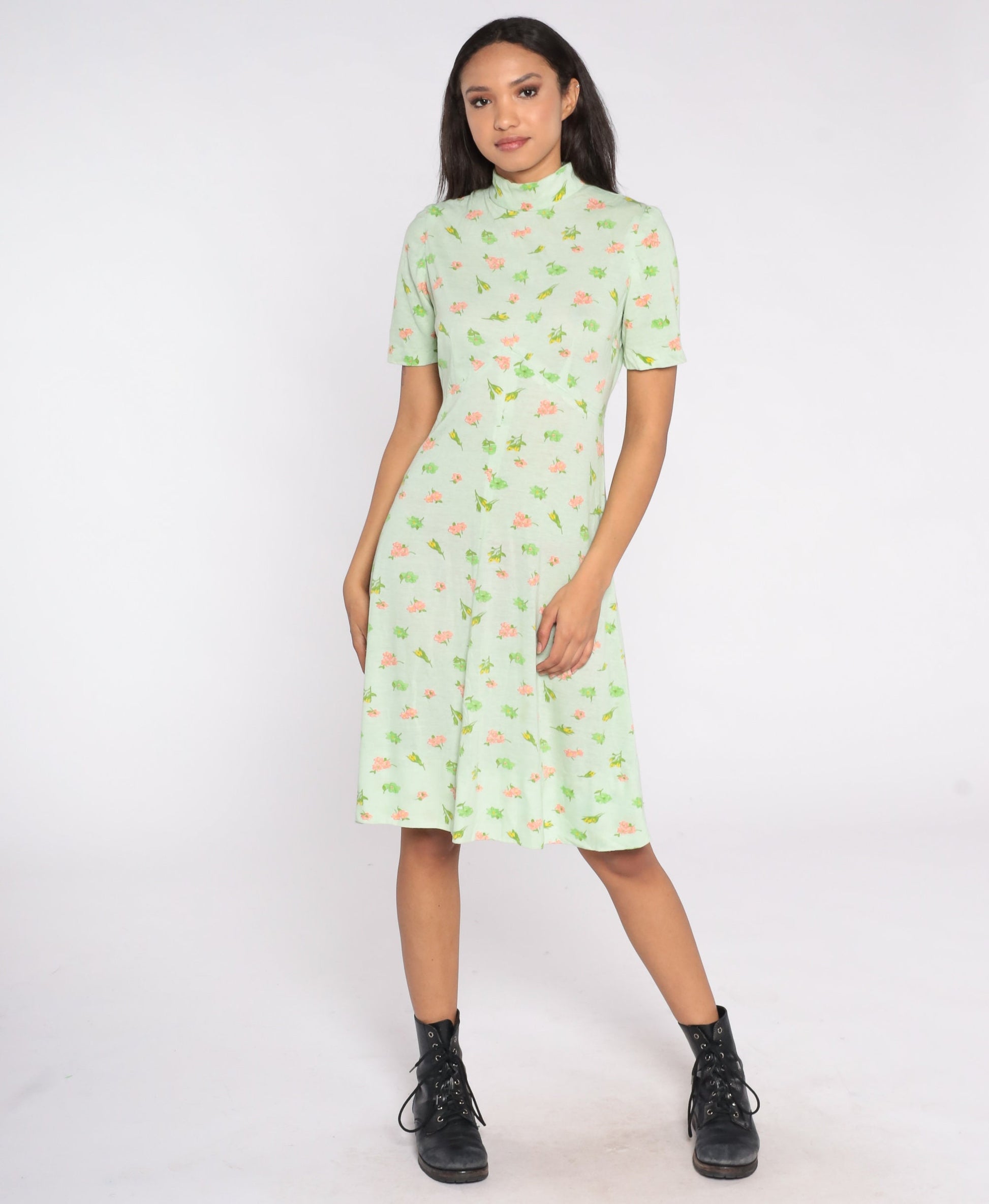 60s Green Floral Empire Waist Midi Dress Short Sleeve Small Medium