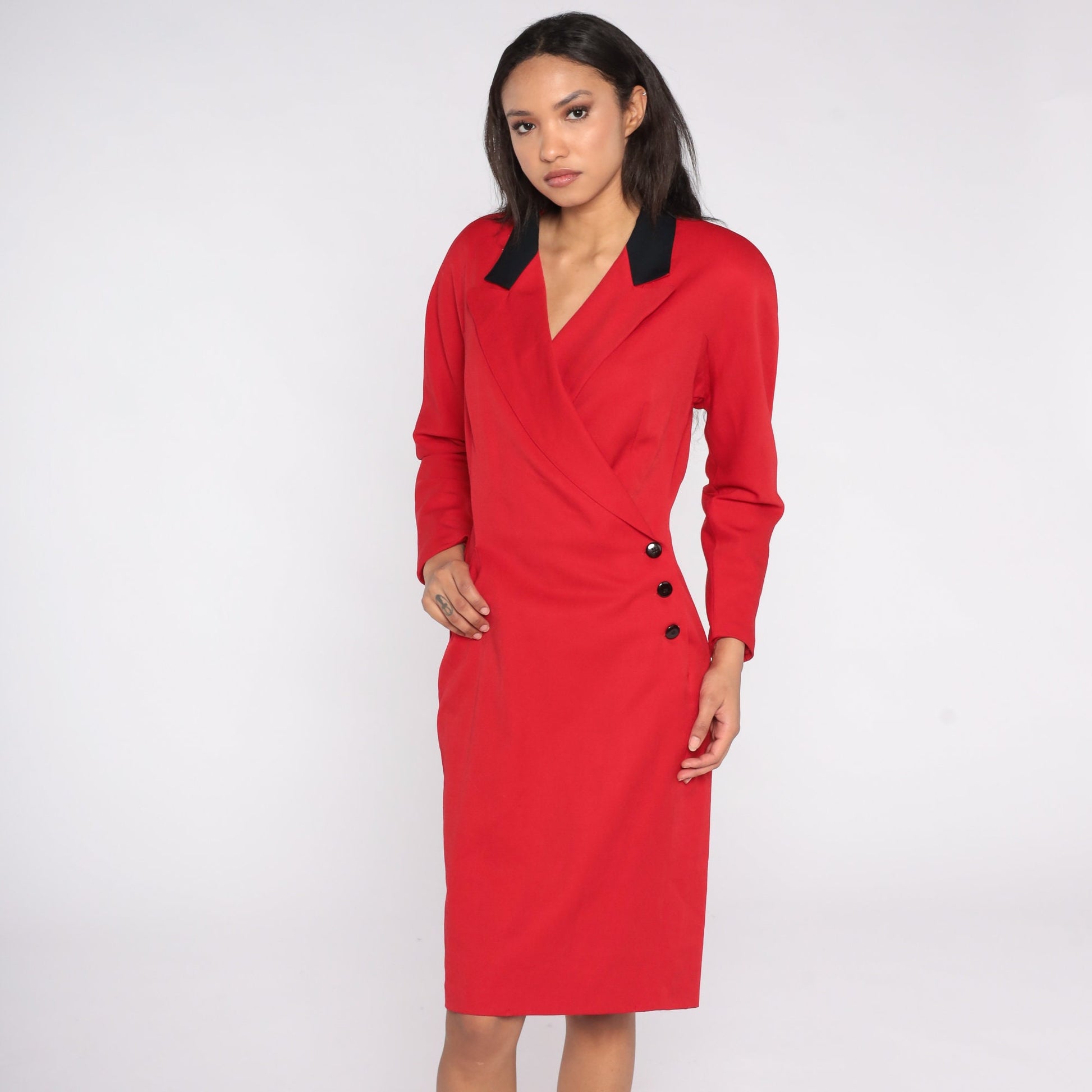 80s Red Wool Wrap Dress High Waist V Neck Midi Long Sleeve Medium 8