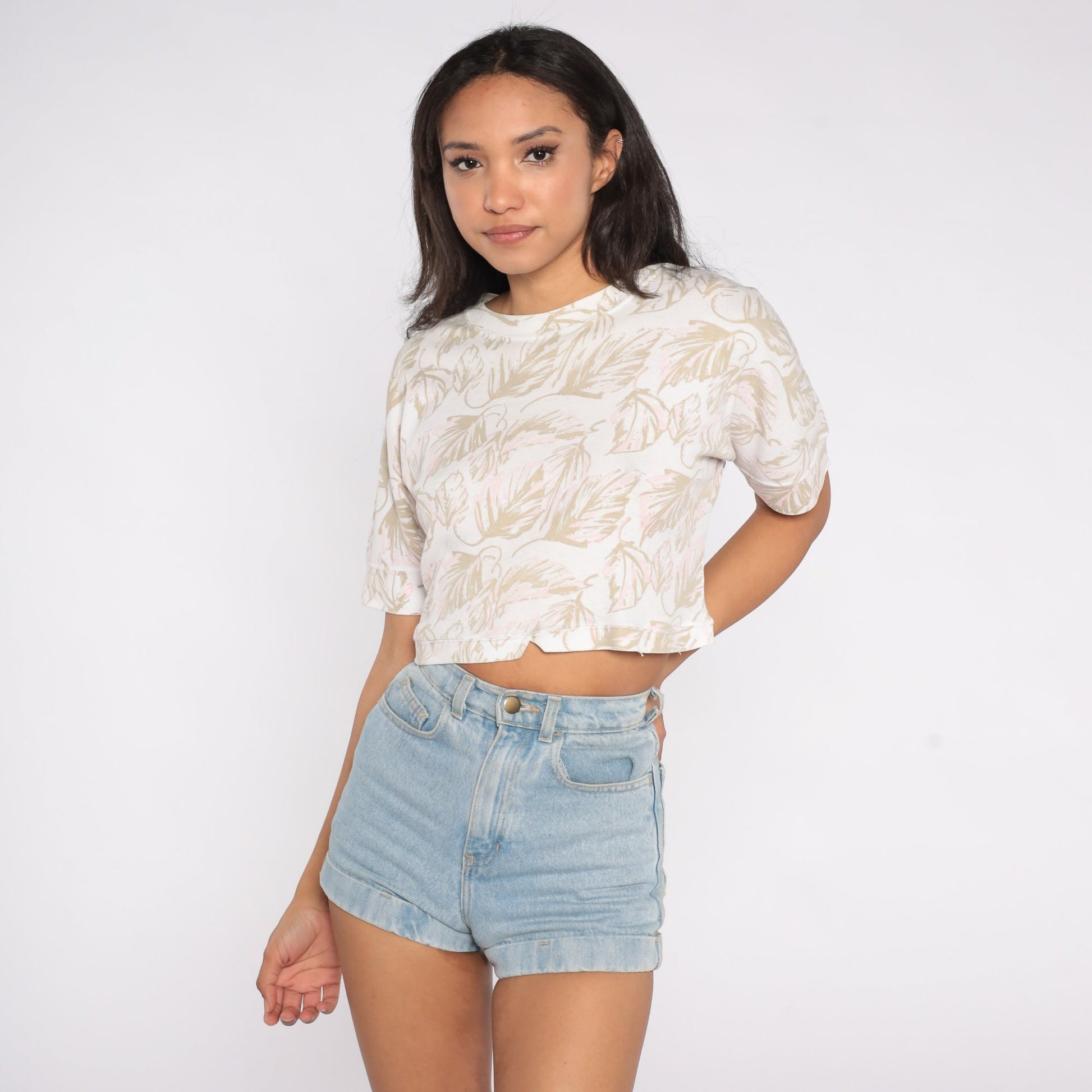 90s Leaf Print Crop Top White Cotton T-Shirt Small S