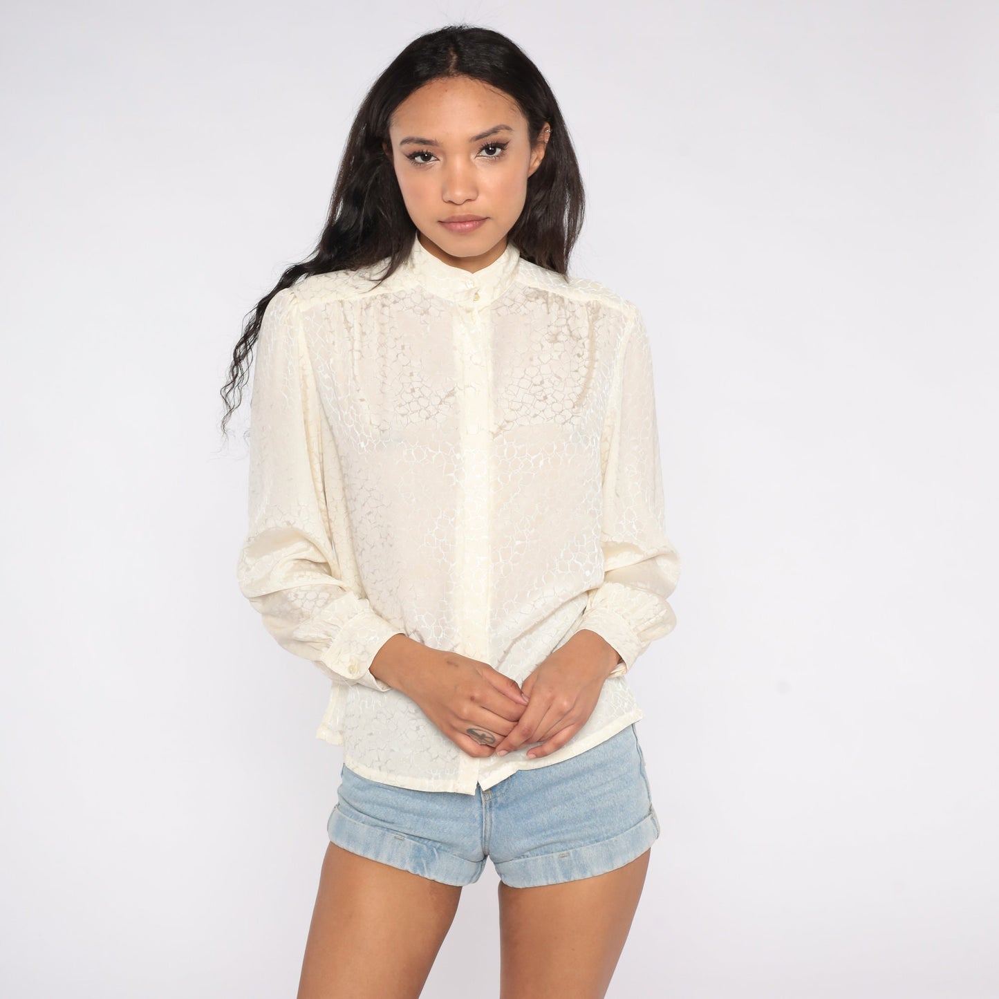 90s Pendleton Cream Button-Up Blouse Mandarin Collar Long Sleeve Medium