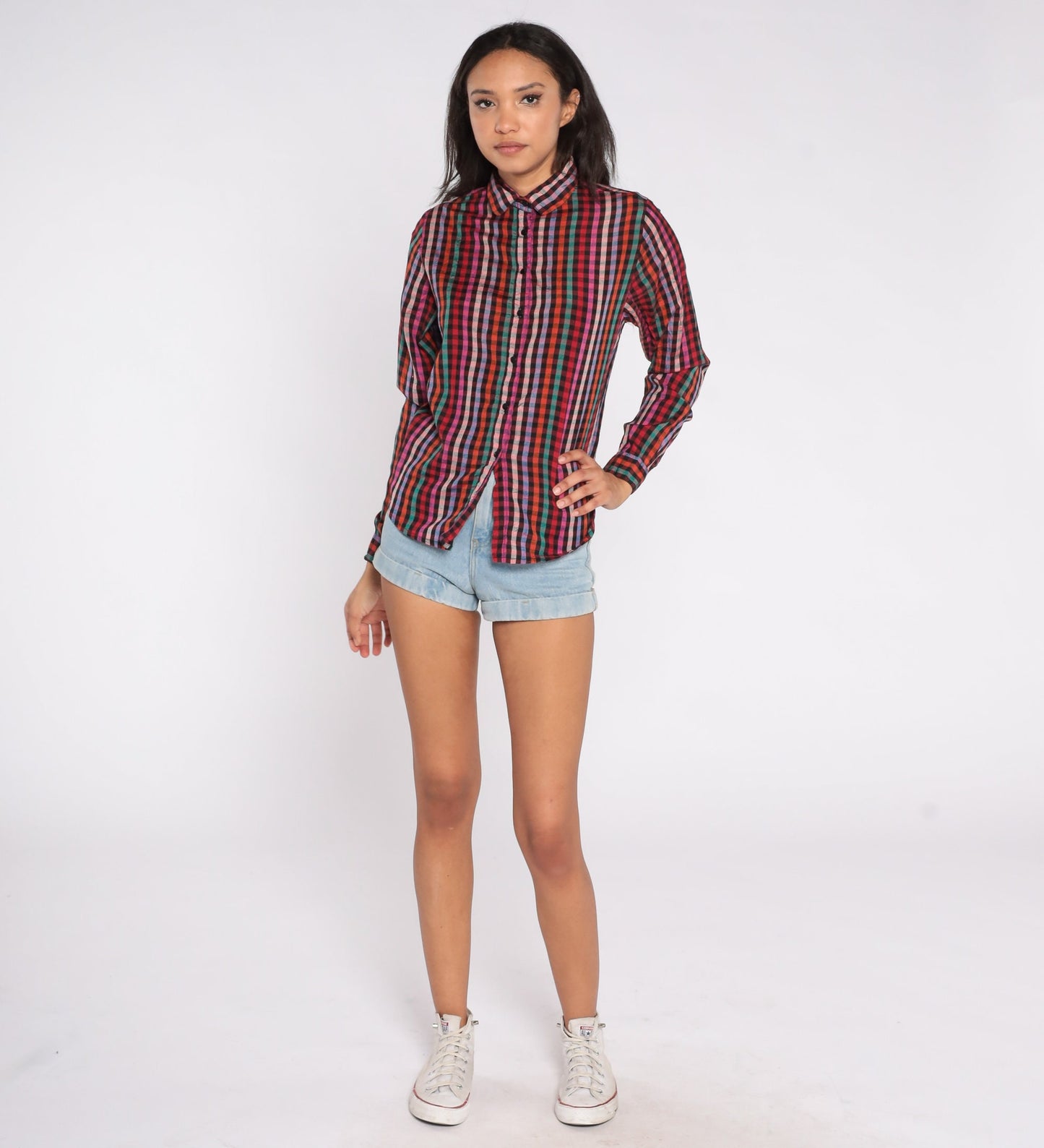 80s Rainbow Checkered Silk Button-Up Blouse Long Sleeve Collared Medium