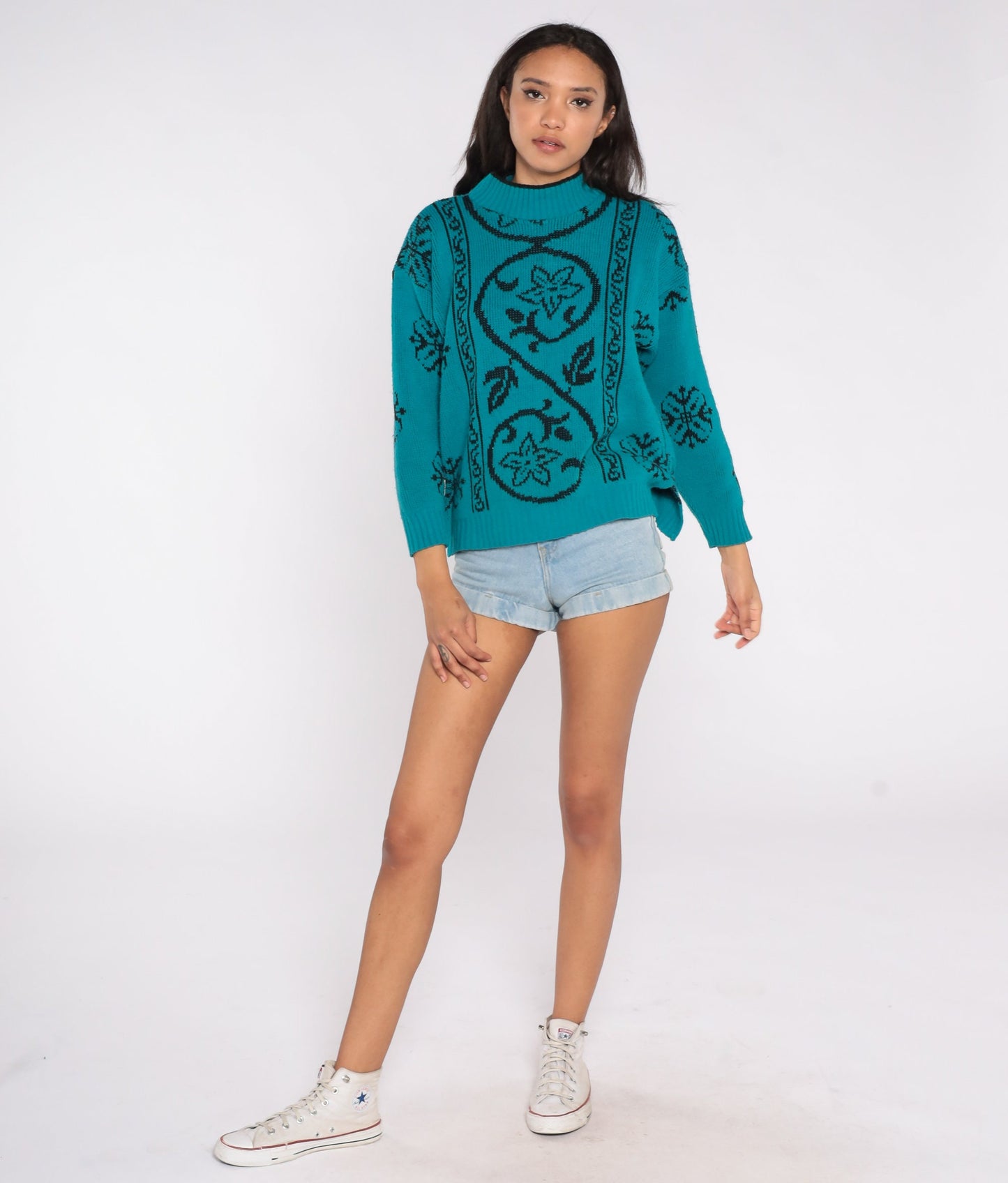 80s Teal Black Floral Knit Sweater Mock Neck Jacquard Pullover Large L