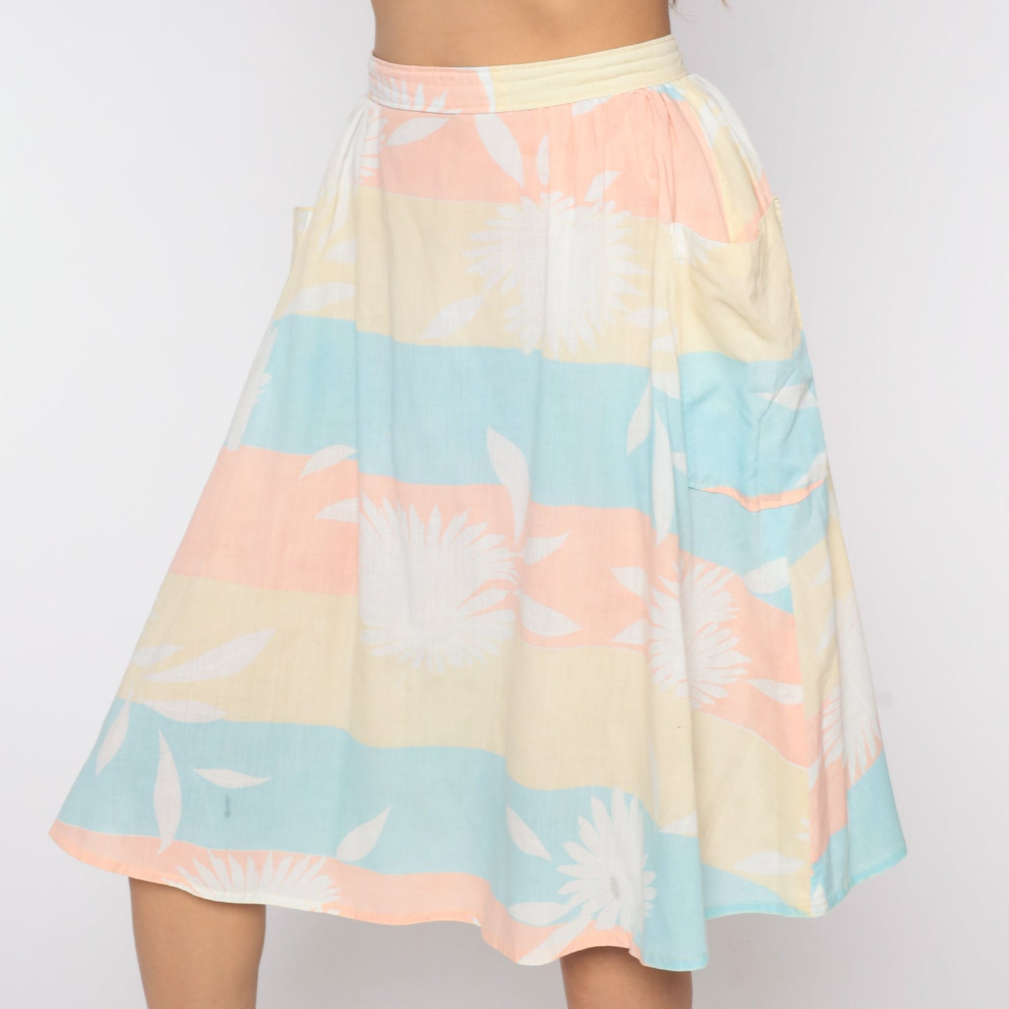 80s Striped Floral Midi Skirt High Waist Yellow Pastel Small