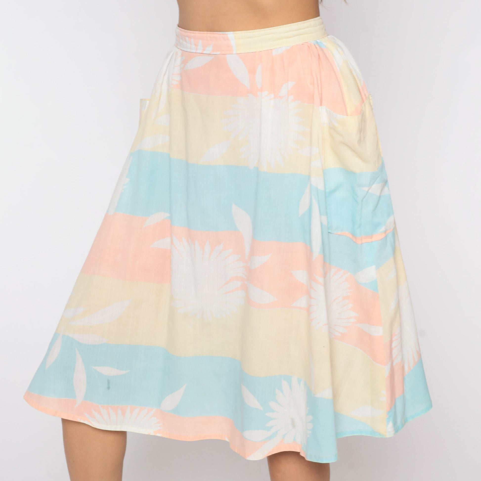 80s Striped Floral Midi Skirt High Waist Yellow Pastel Small
